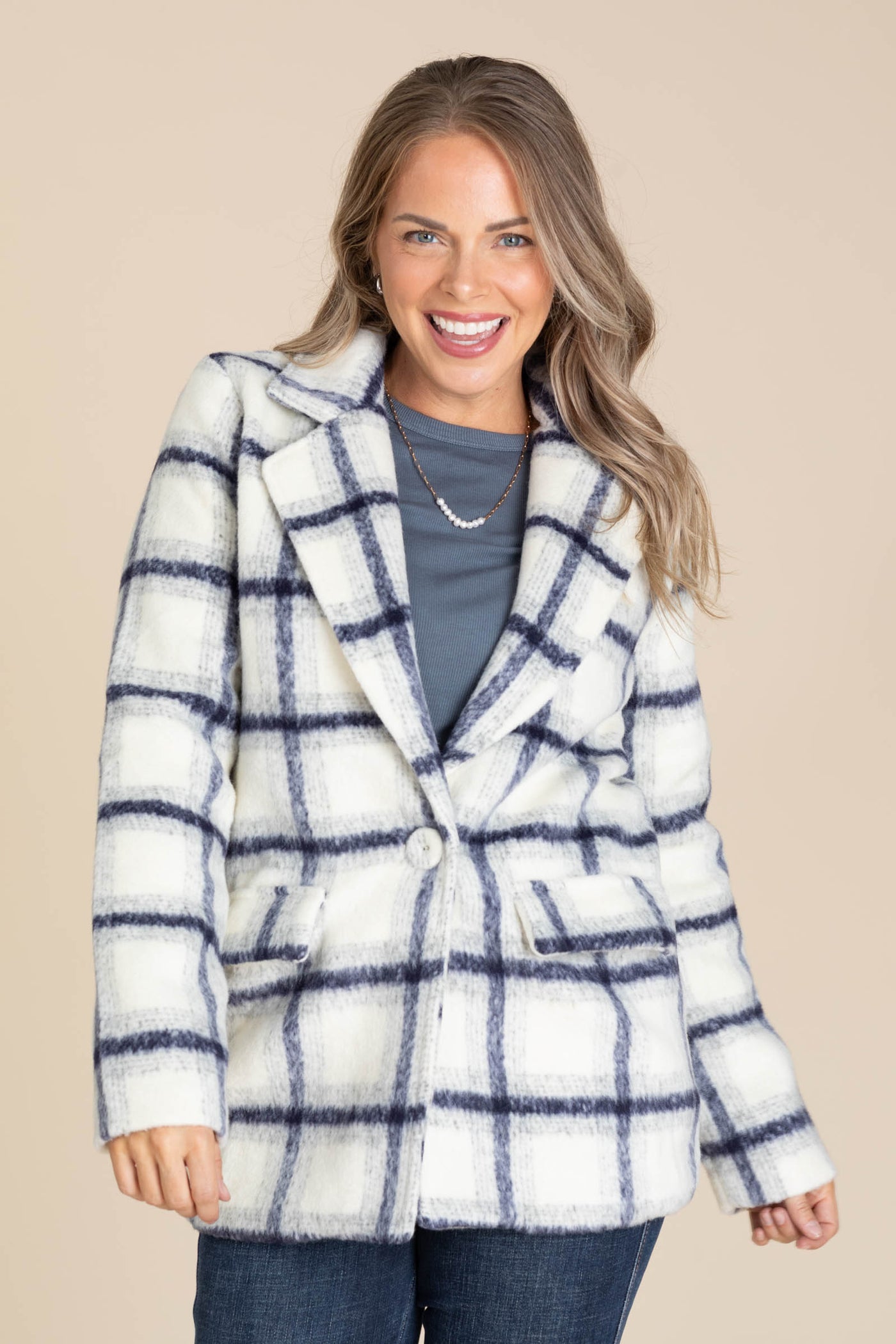 Ivory And Navy Plaid Coat With Button Closure