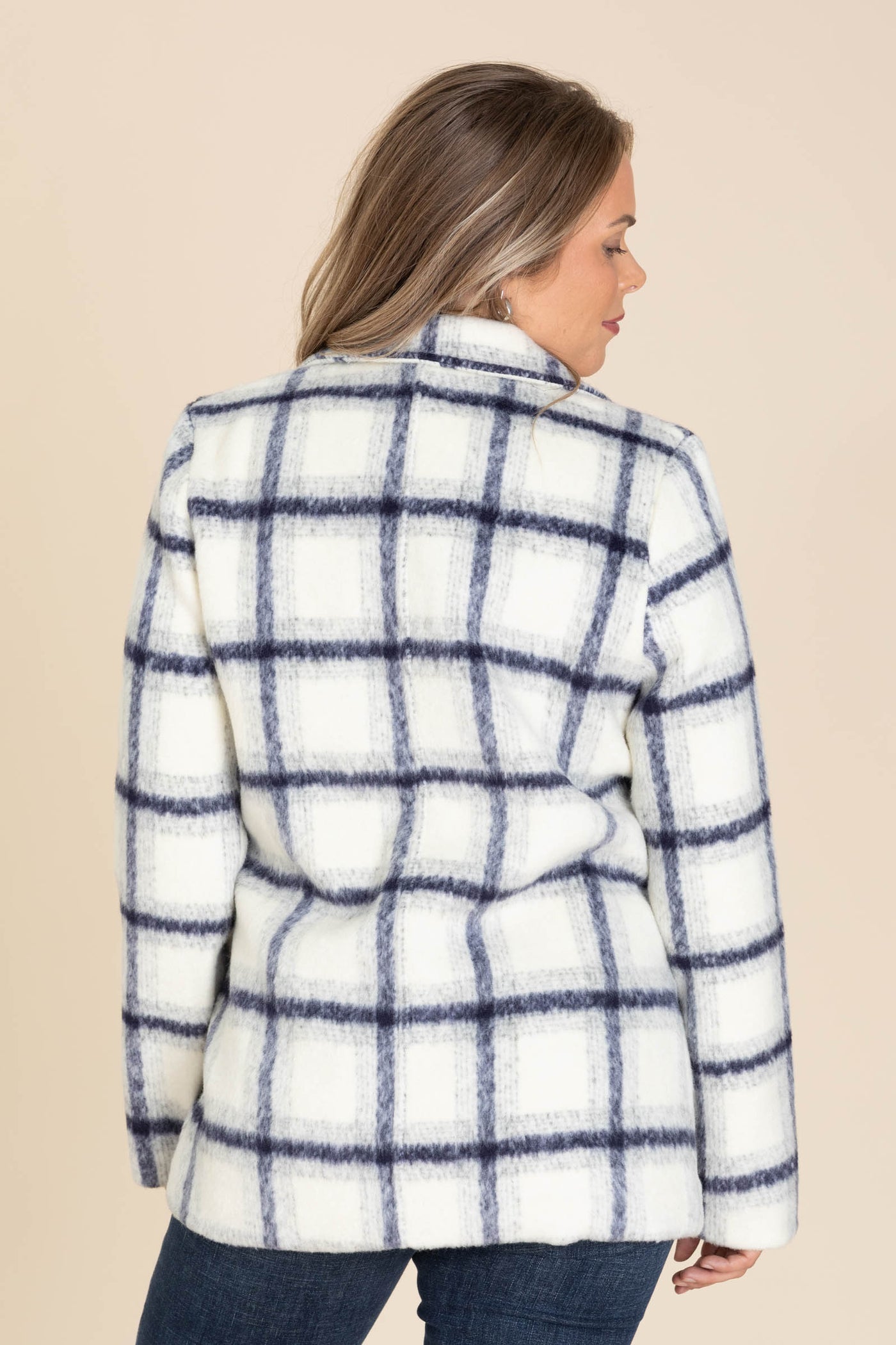 Ivory And Navy Plaid Coat With Button Closure
