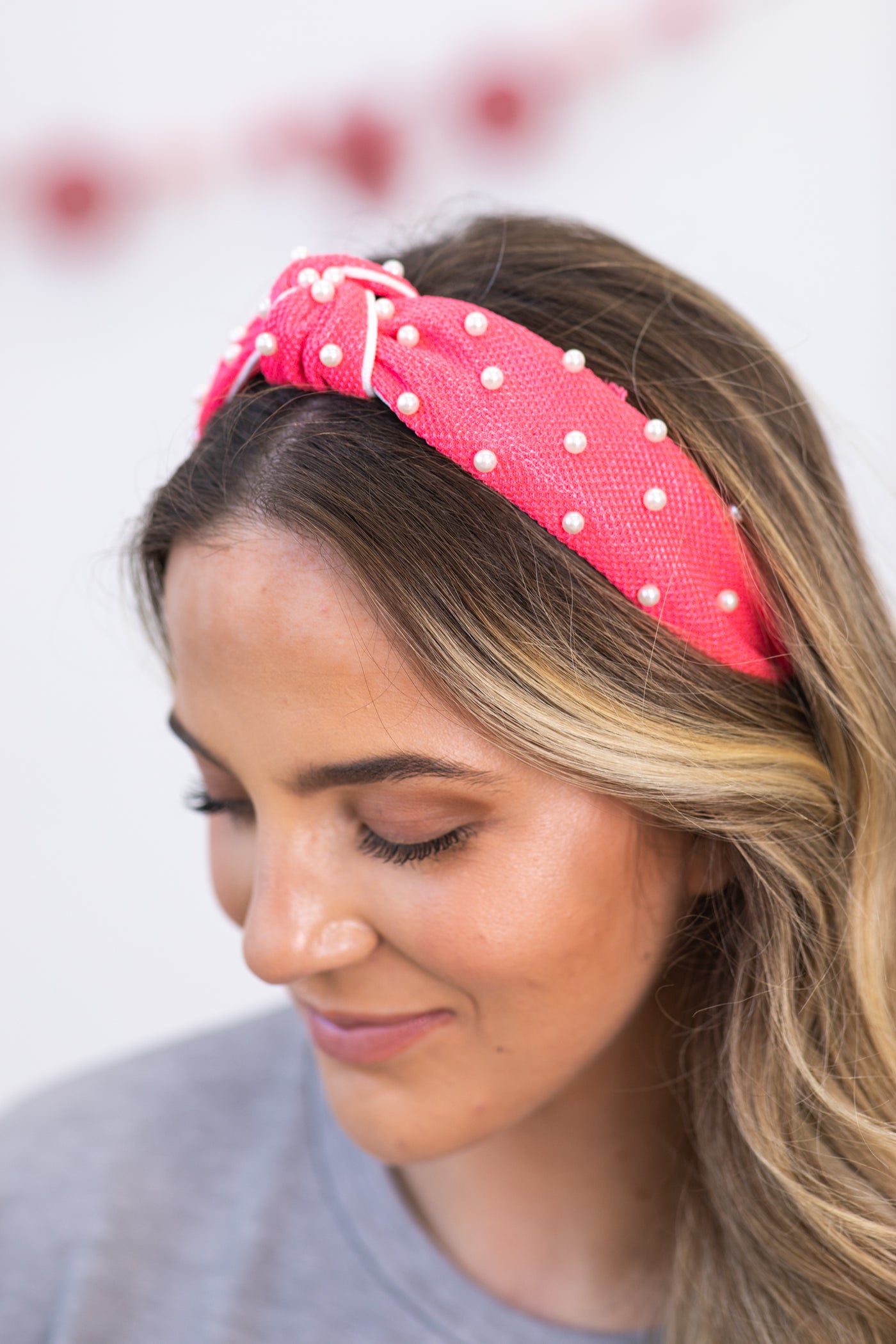 Pink and White Headband With Pearls