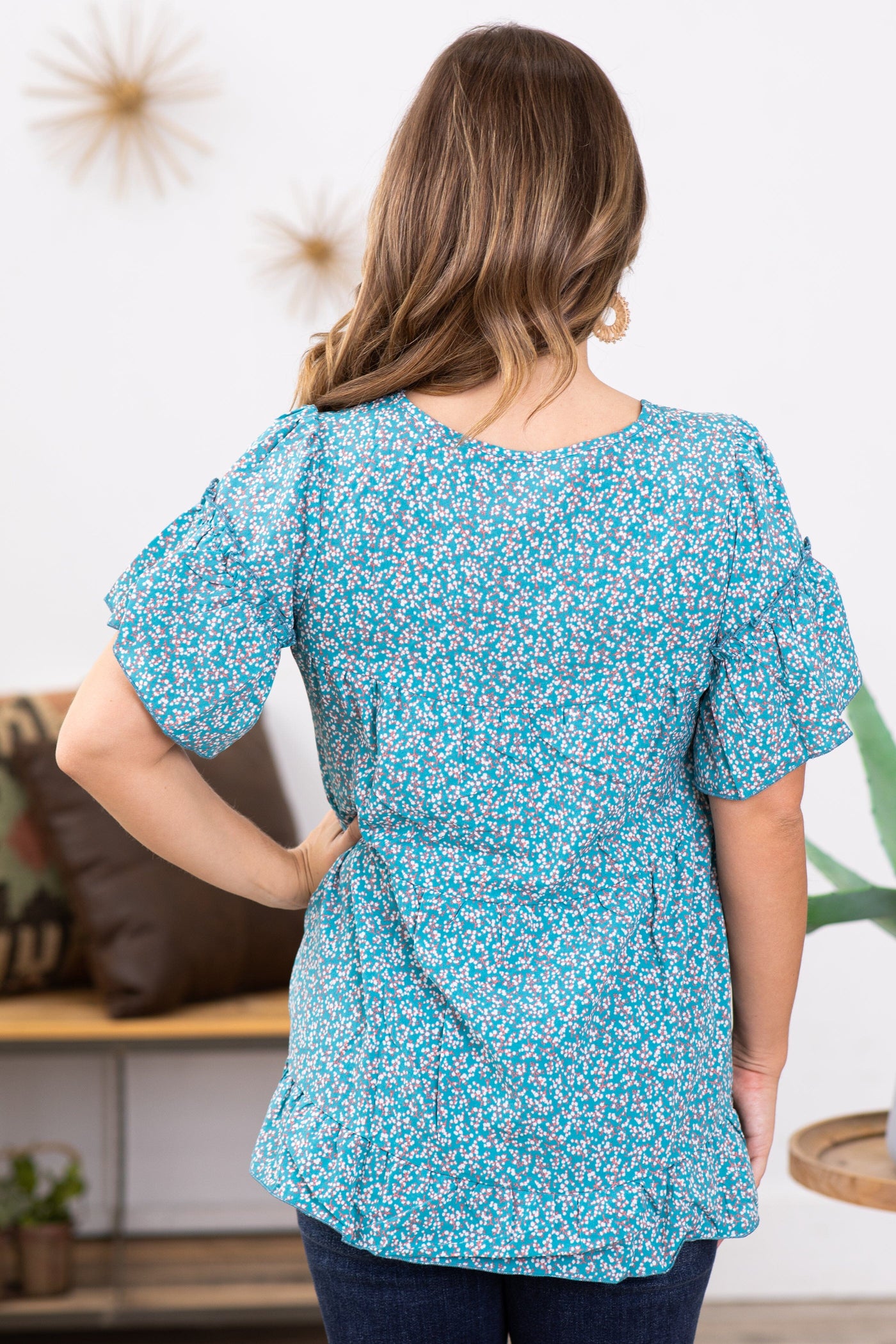 Teal and White Ditsy Floral Bell Sleeve Top - Filly Flair