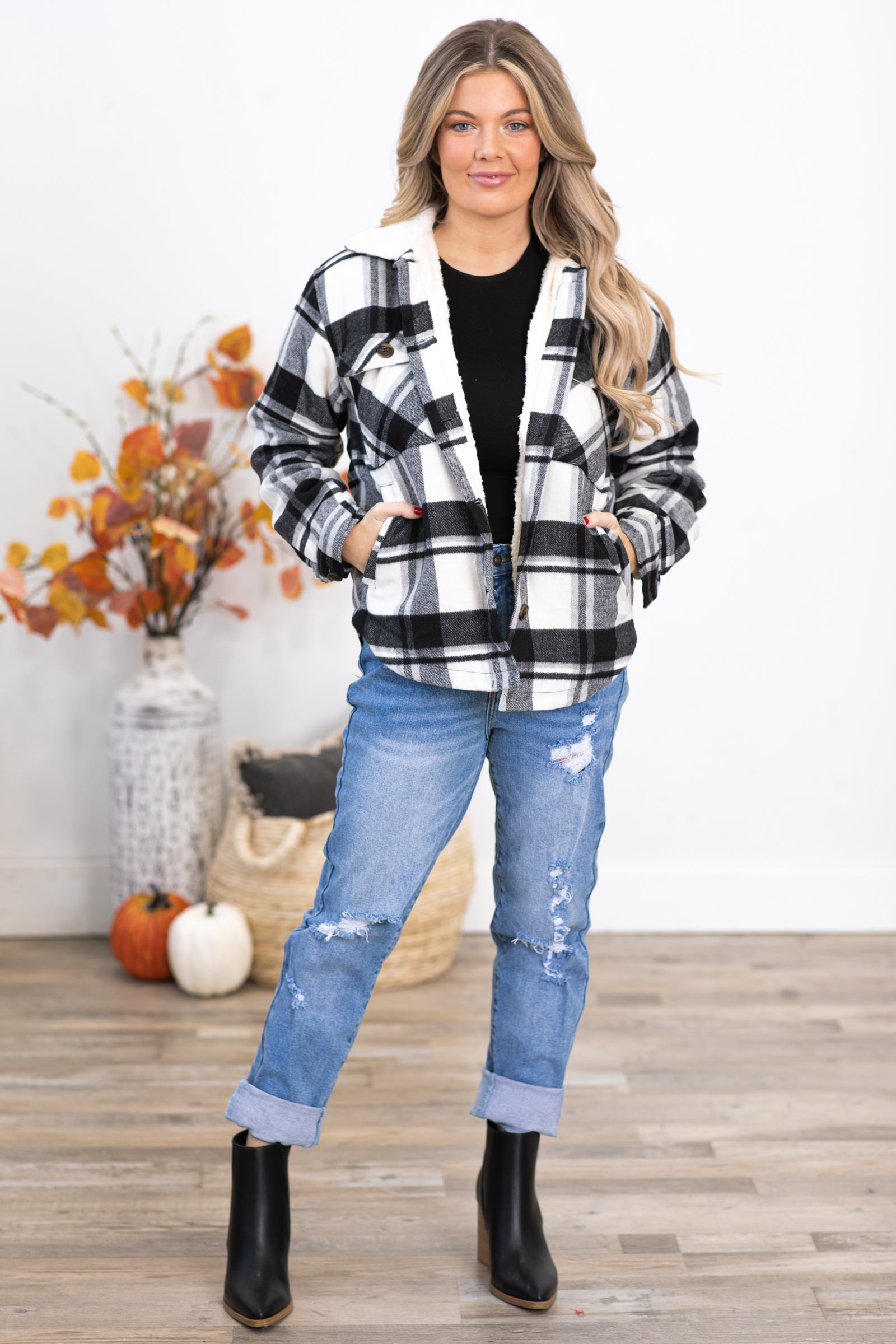 Black Plaid Jacket With Sherpa Collar
