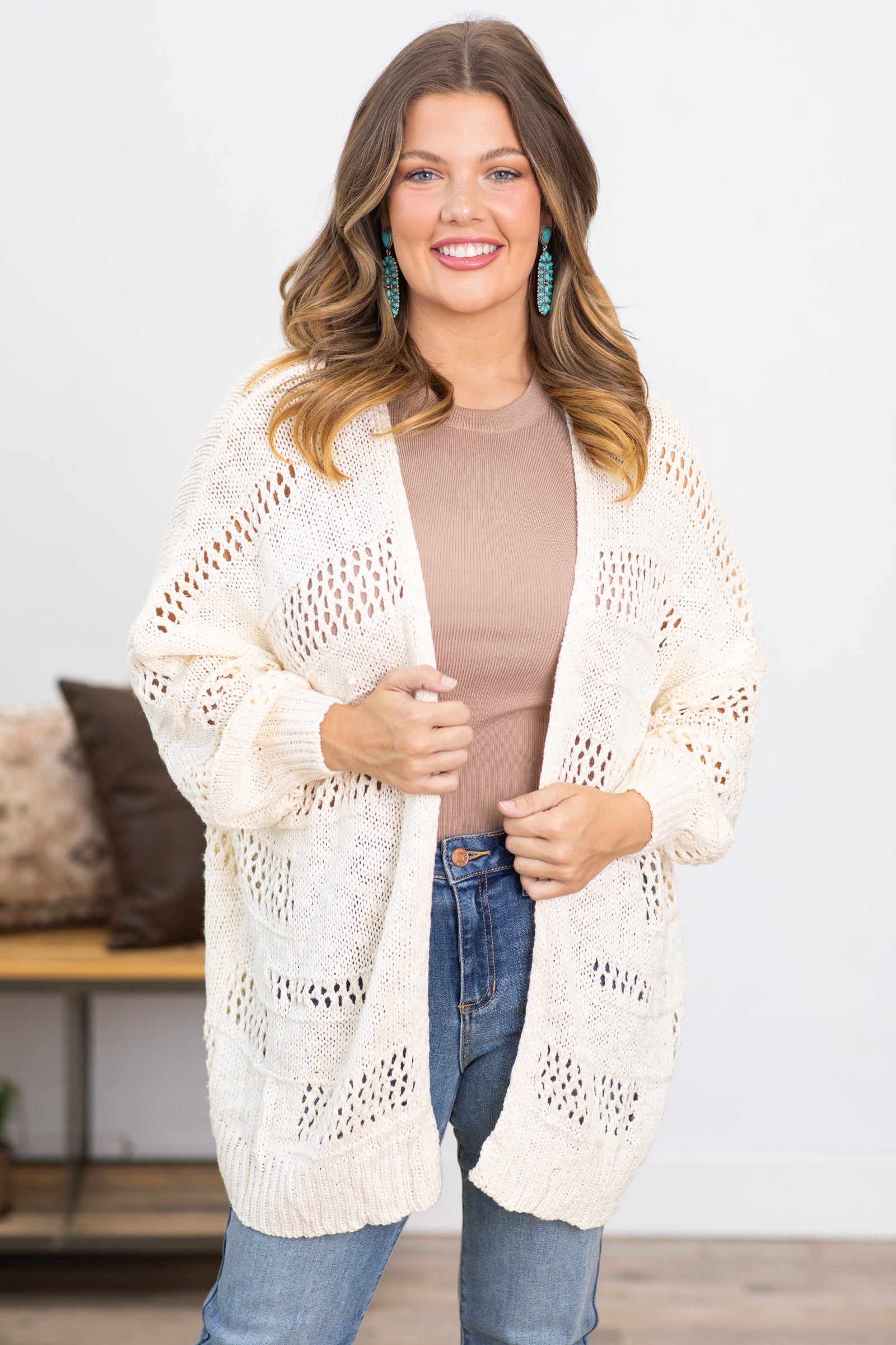 Cream Pointelle Ribbed Cuff Cardigan · Filly Flair