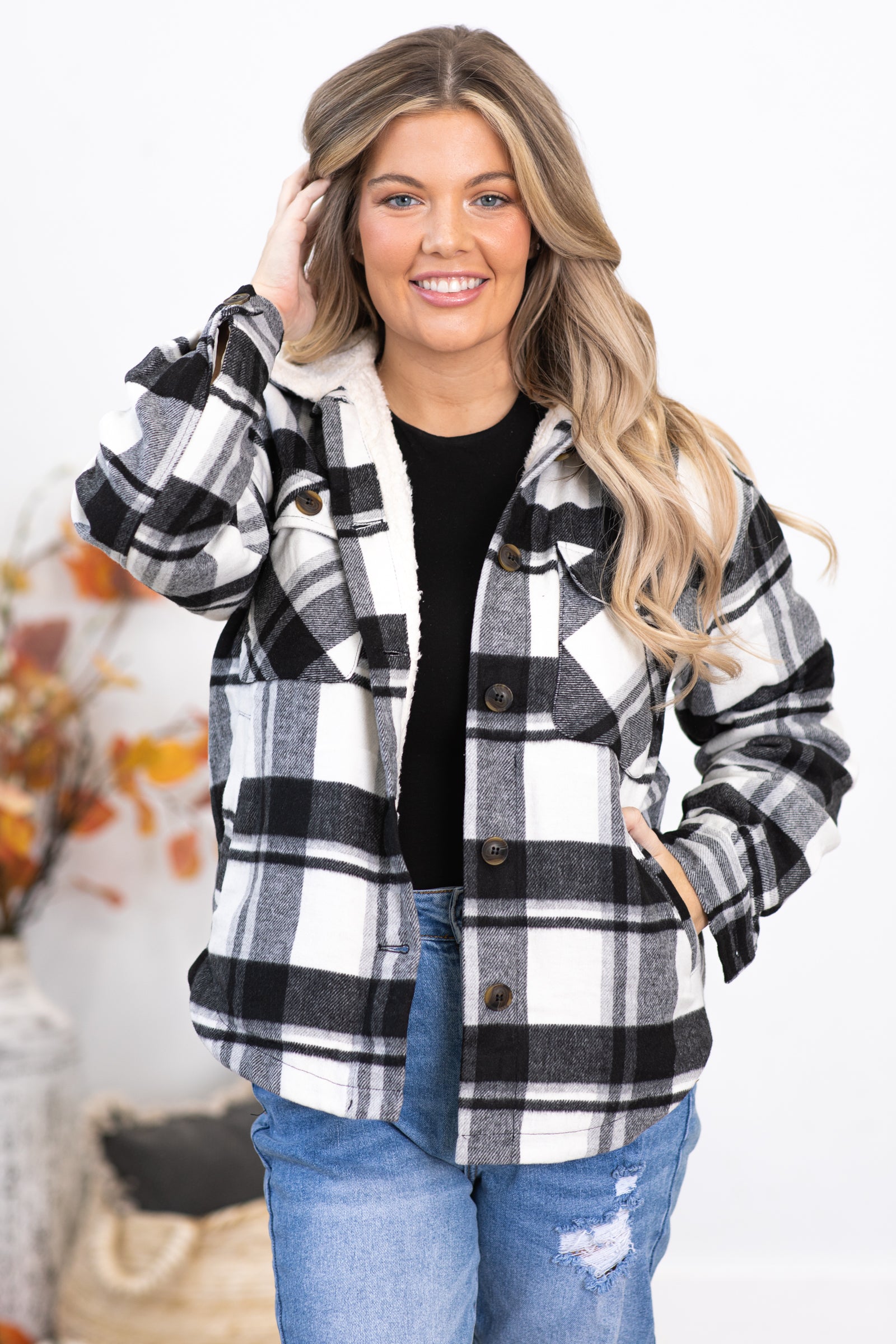 Black Plaid Jacket With Sherpa Collar