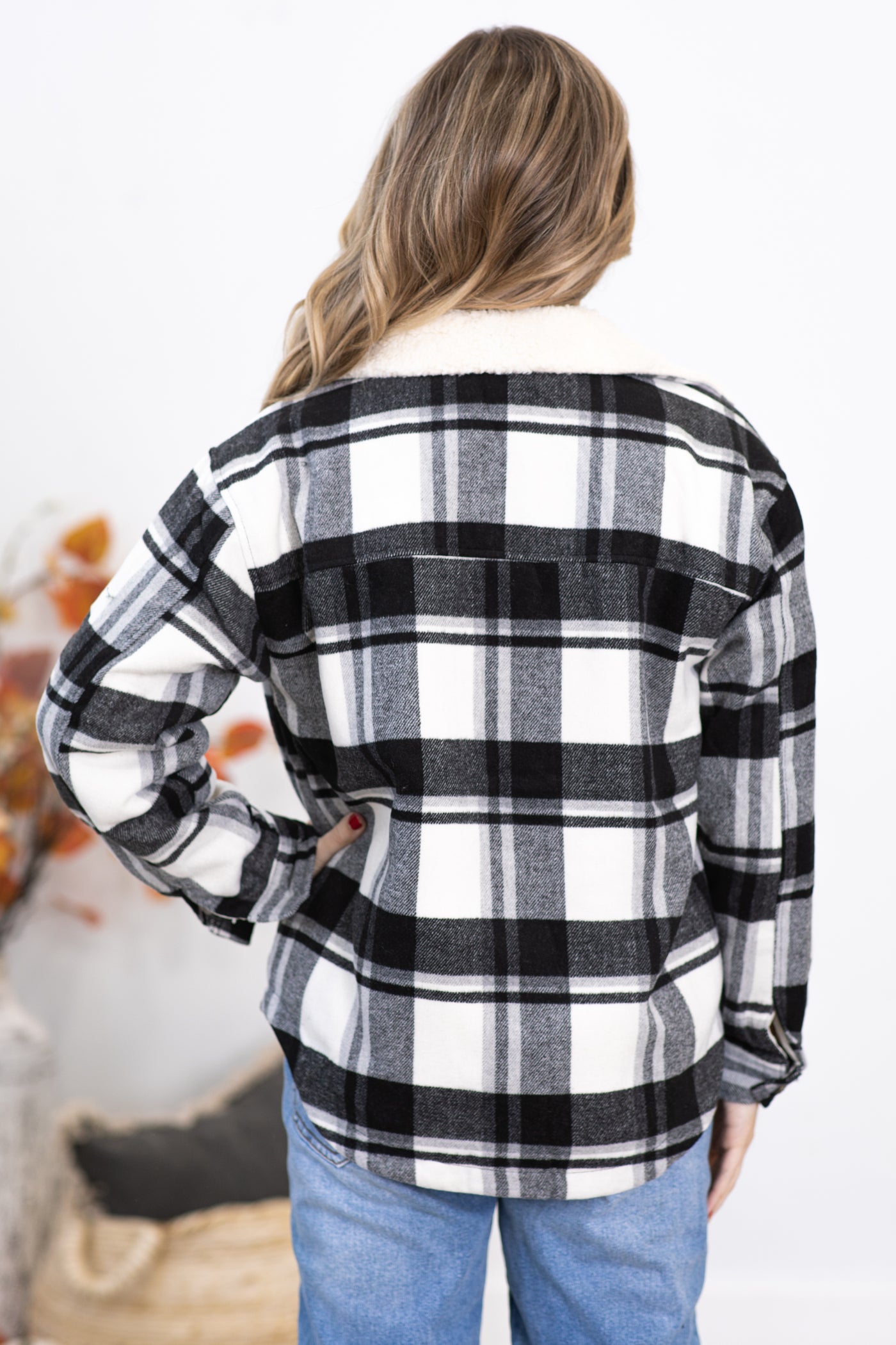 Black Plaid Jacket With Sherpa Collar