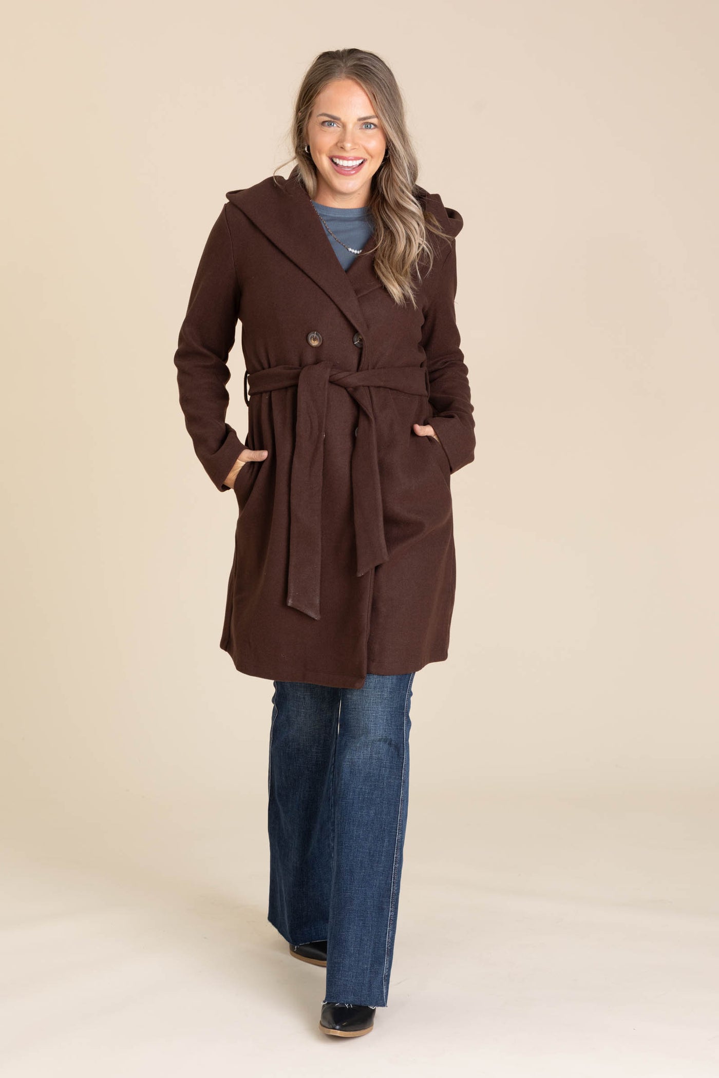 Brown Double Breasted Belt Hooded Coat