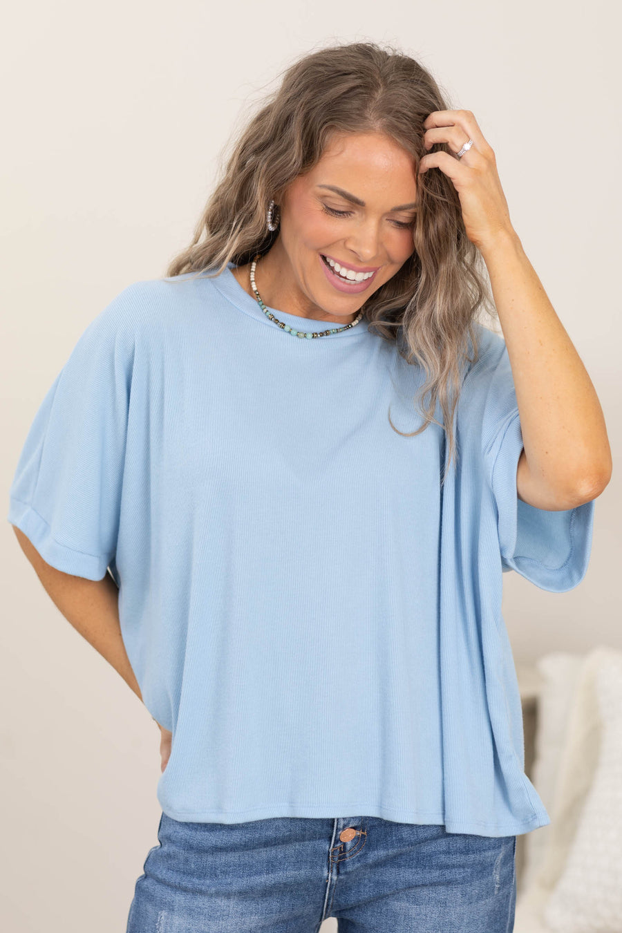 Light Ribbed Oversized Short Sleeve Knit Top