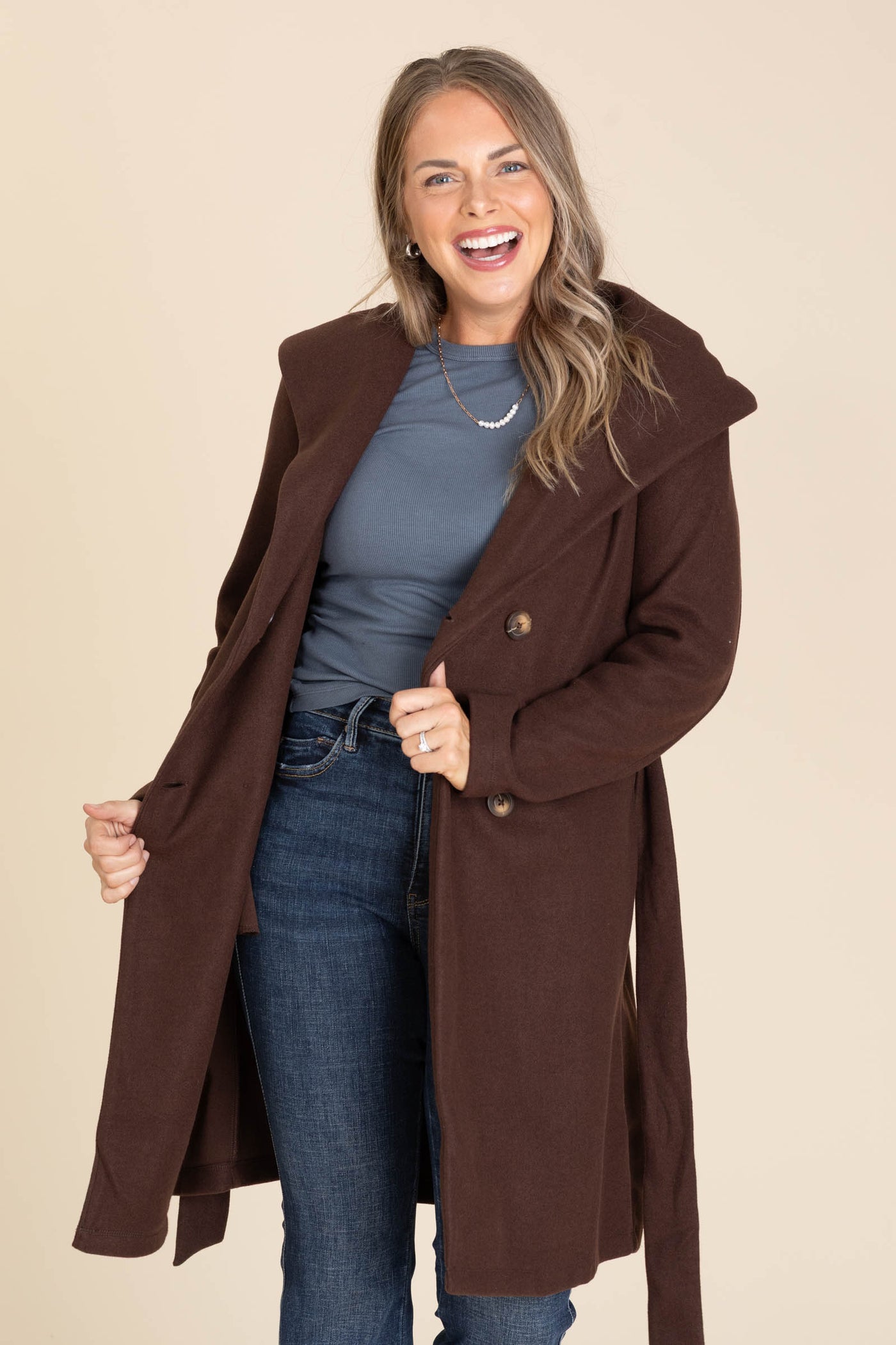 Brown Double Breasted Belt Hooded Coat