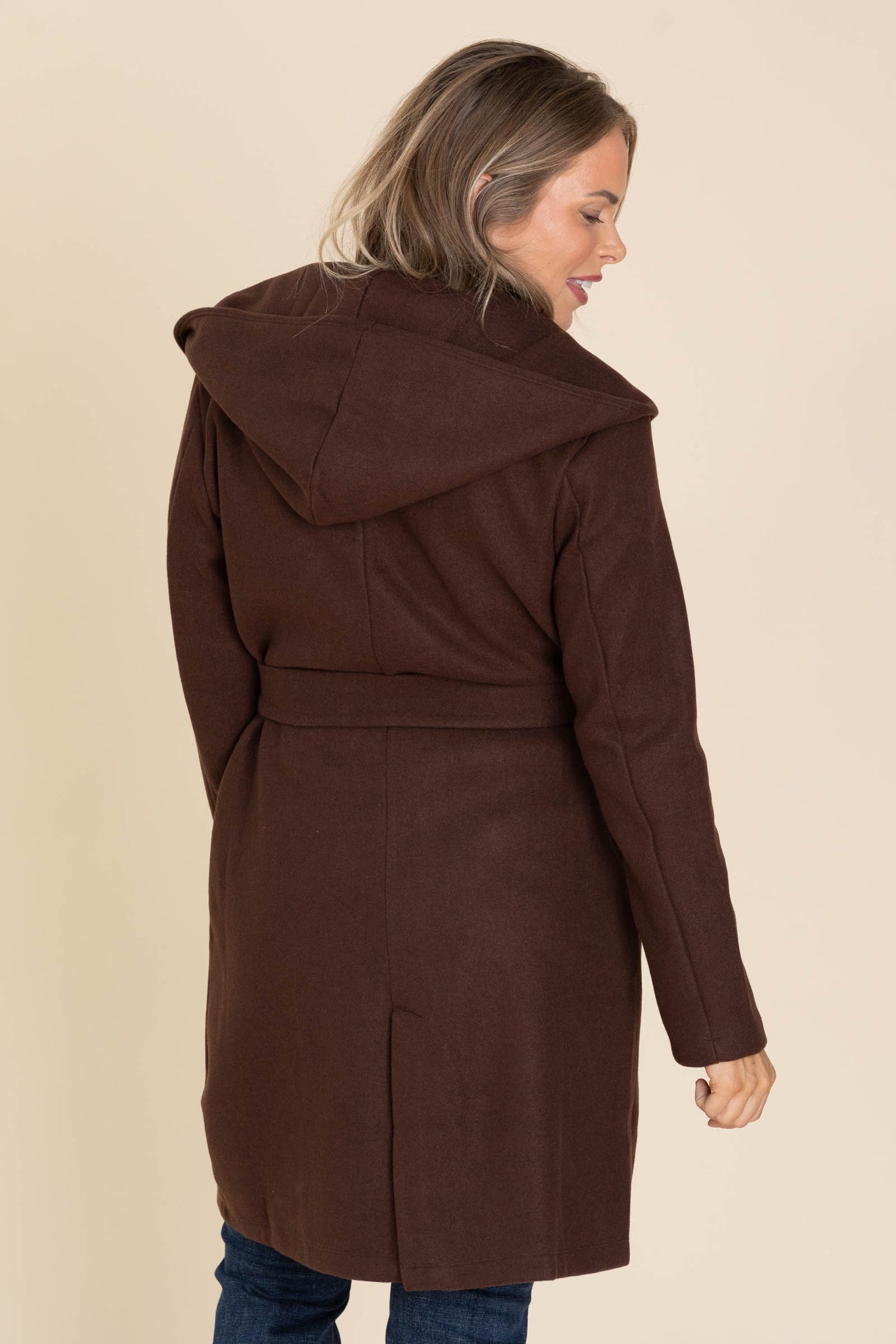 Brown Double Breasted Belt Hooded Coat