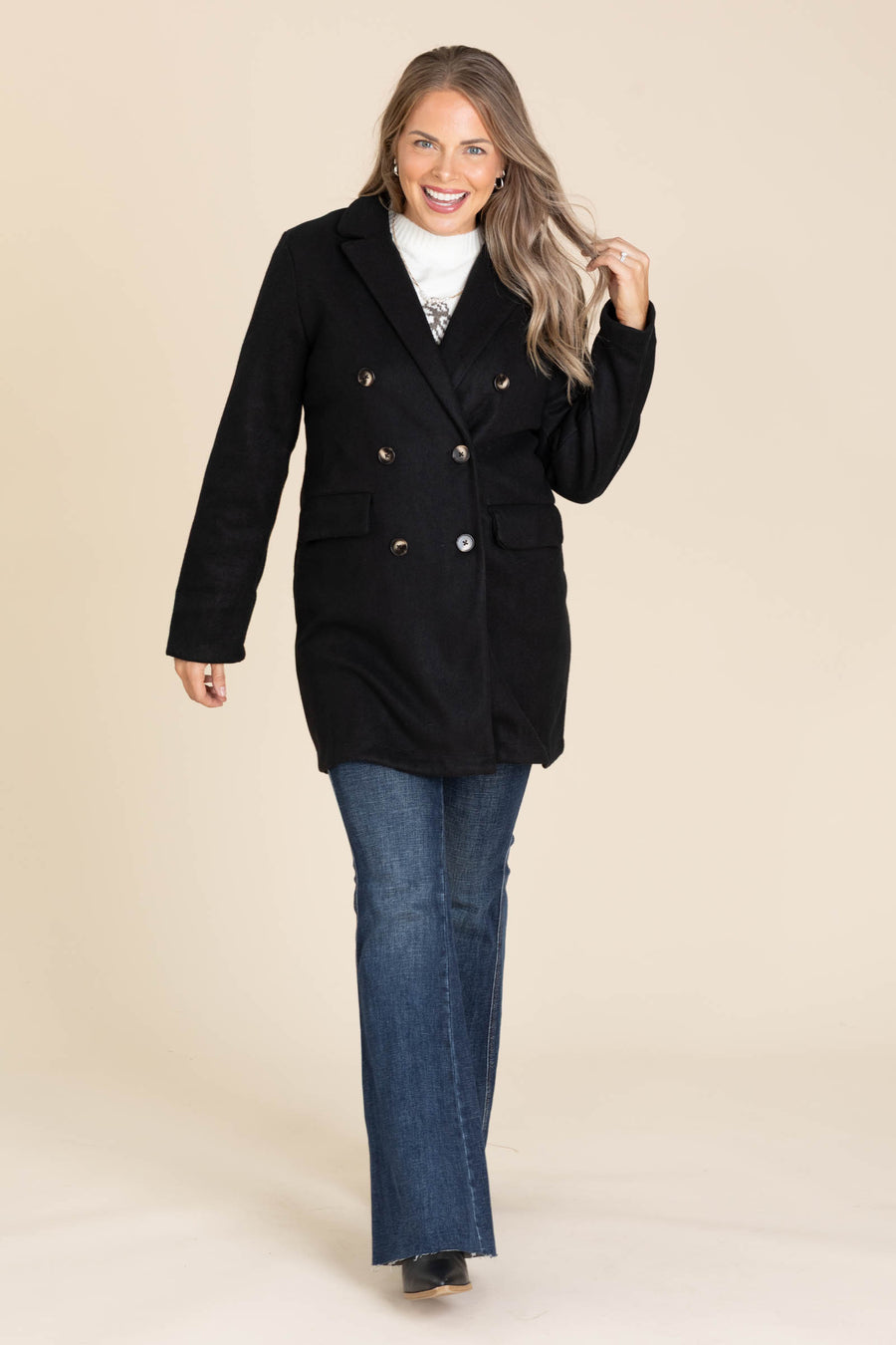 Solid Black Breasted Lapel Coat