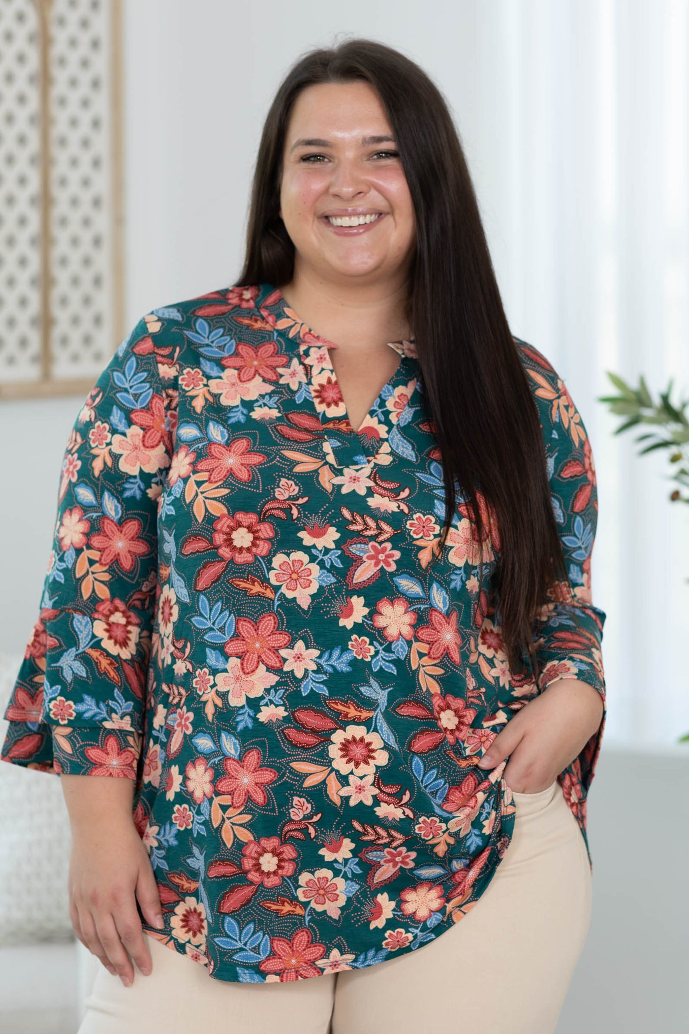 Emerald Green Floral Lizzy Wrinkle Free Top