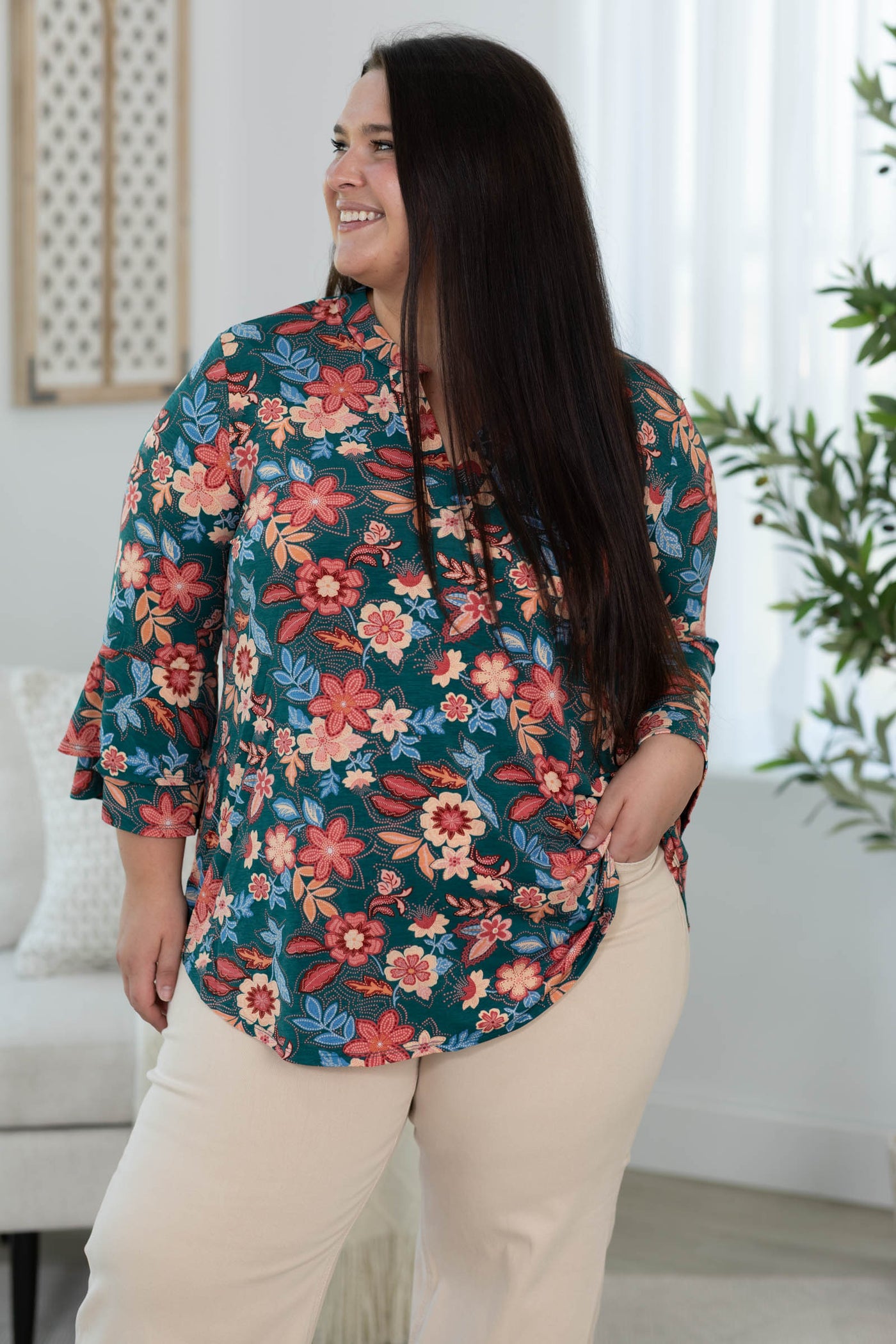Emerald Green Floral Lizzy Wrinkle Free Top