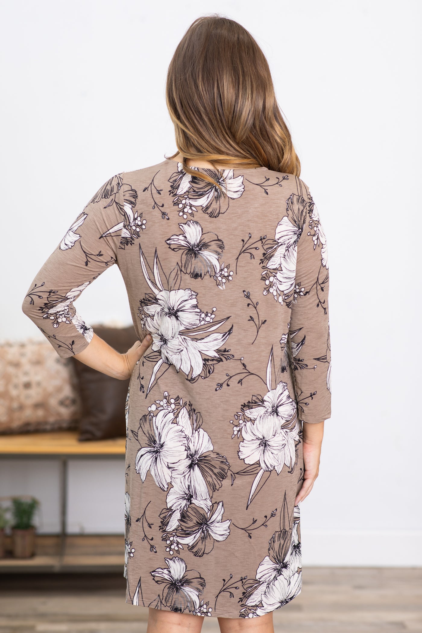 Mocha and Cream Floral Dress With Sleeves