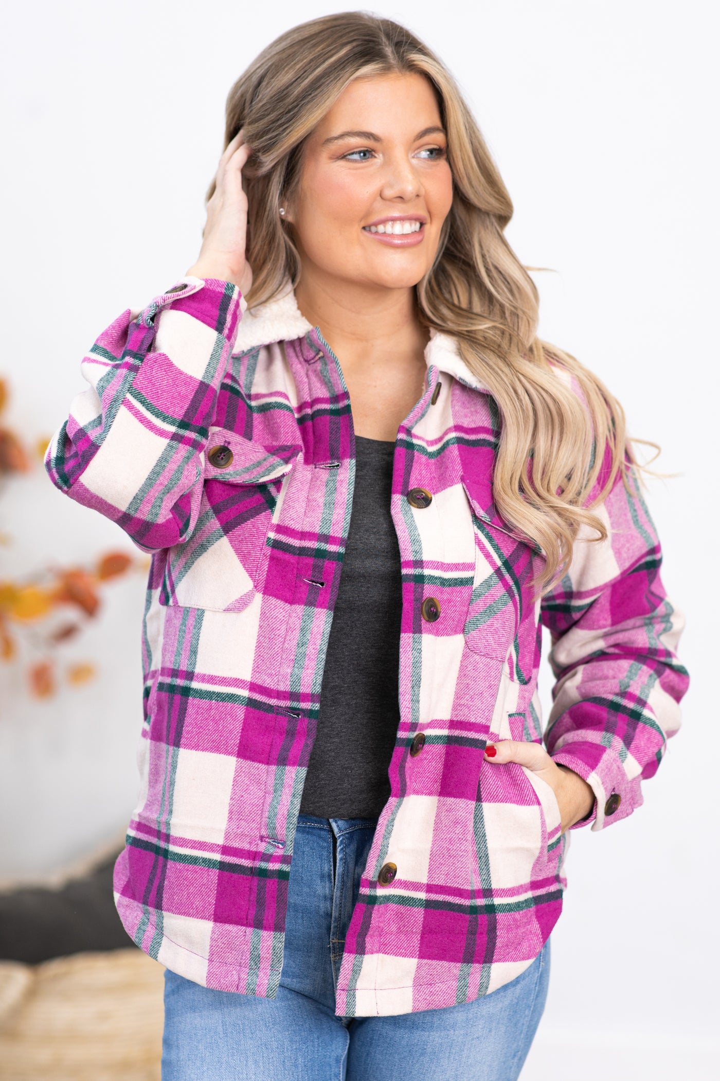Bright Orchid Plaid Jacket With Sherpa Collar