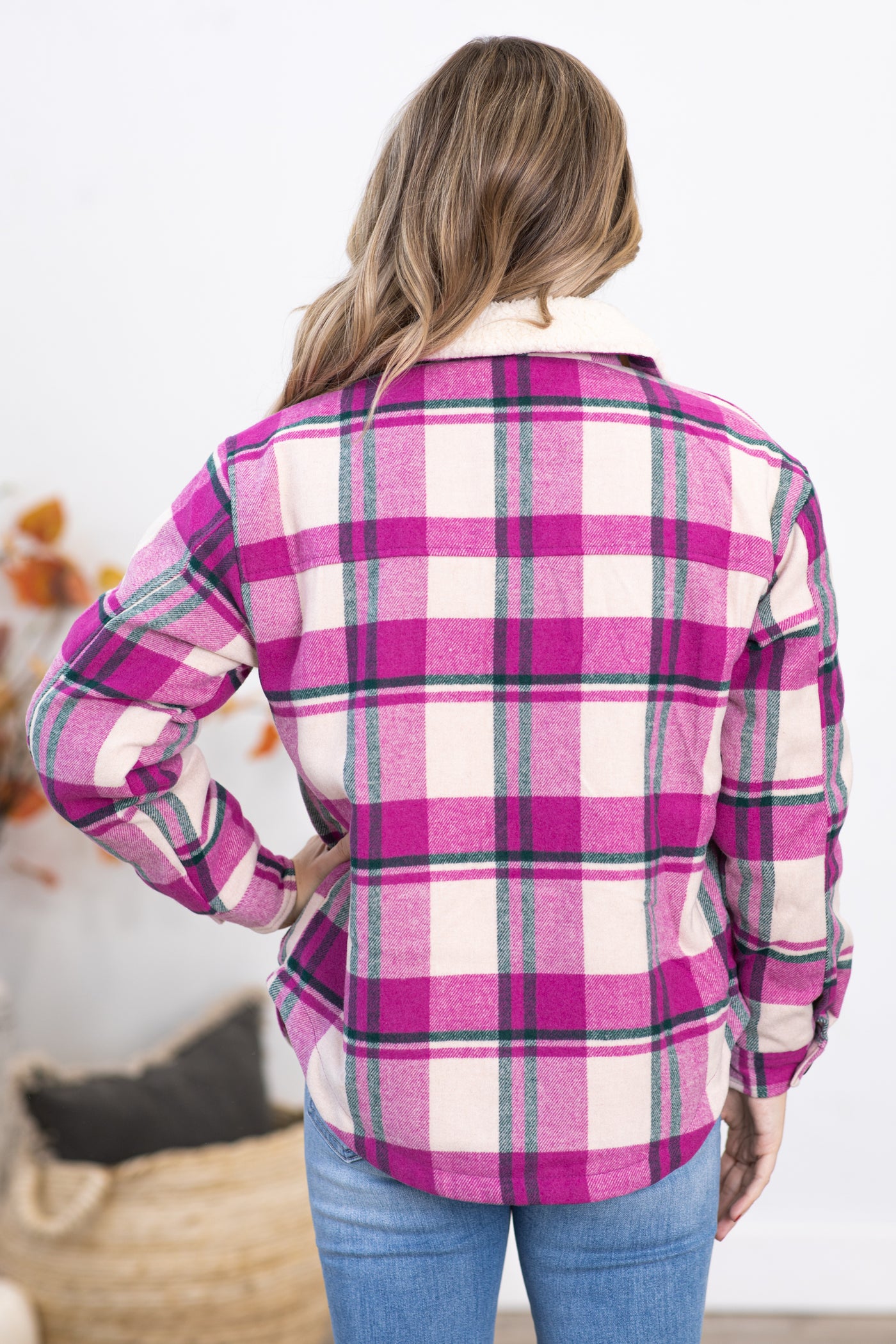 Bright Orchid Plaid Jacket With Sherpa Collar