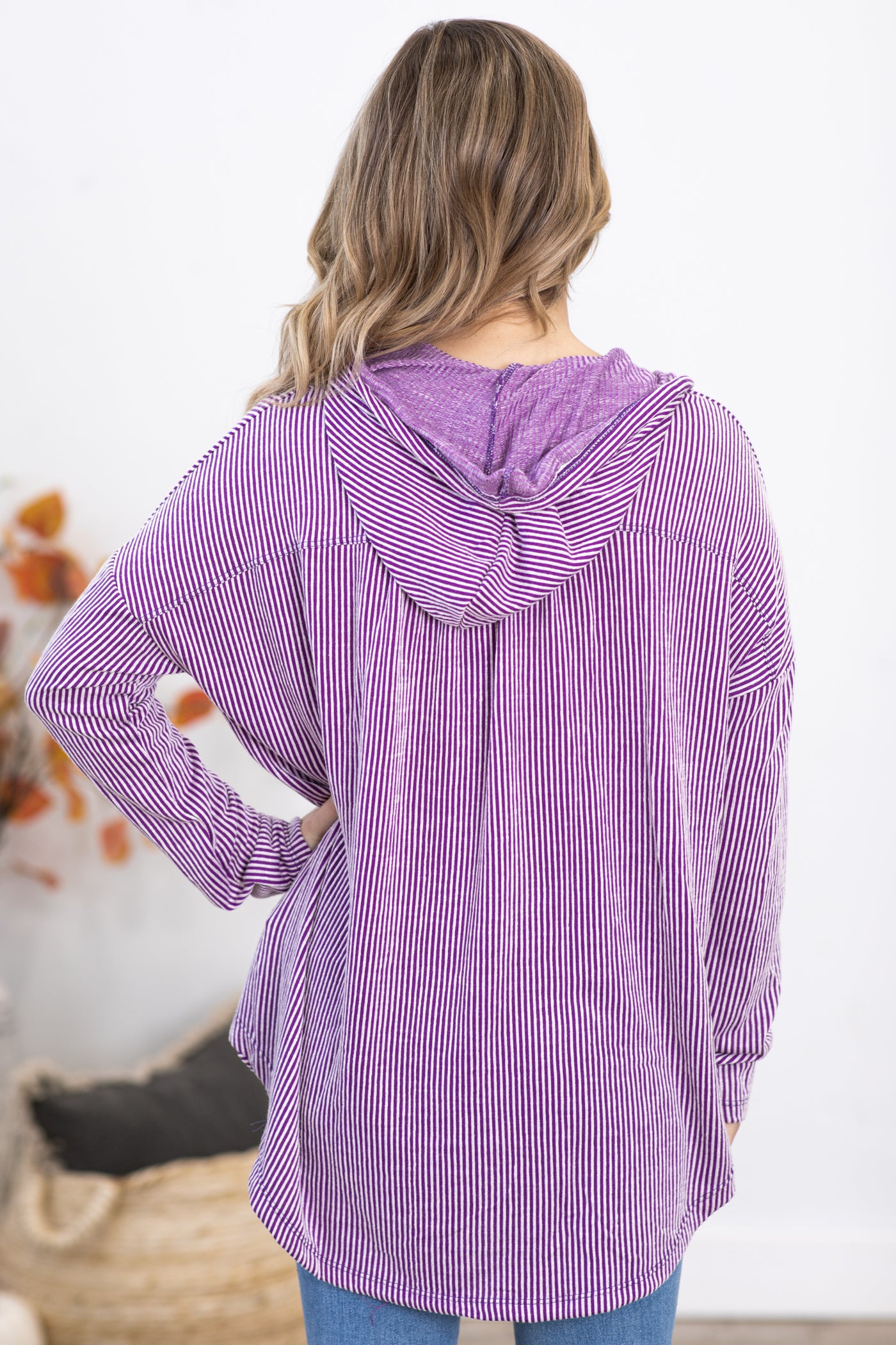 Purple Ribbed Hooded Button Up Top