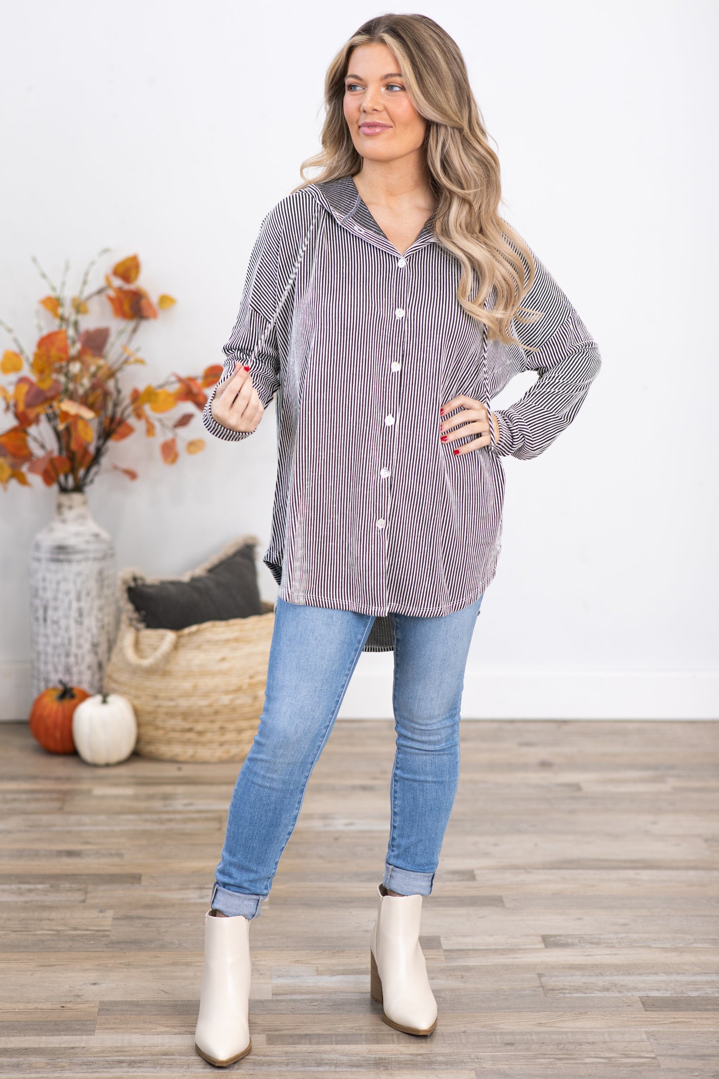 Black Ribbed Hooded Button Up Top