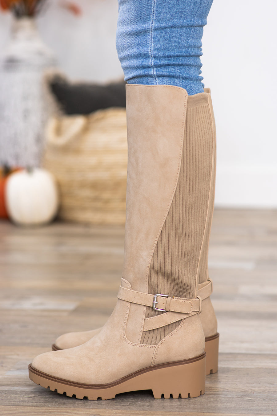 Beige Wedge Sole Tall Boots