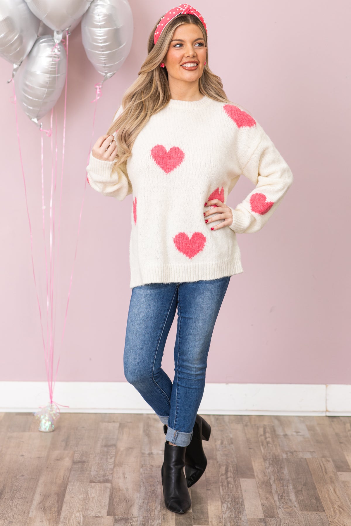 Ivory and Pink Heart Pattern Sweater · Filly Flair