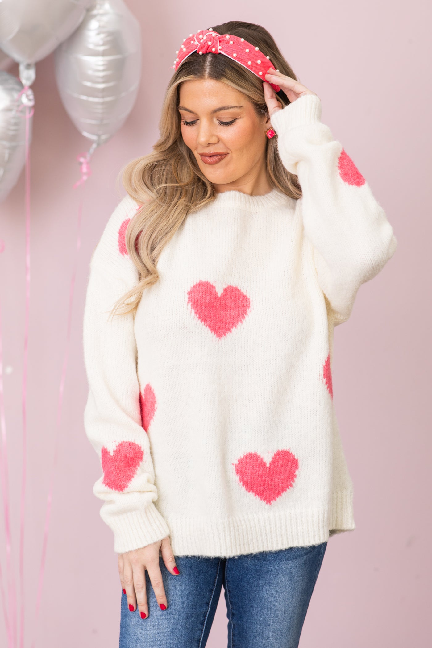 Ivory and Pink Heart Pattern Sweater
