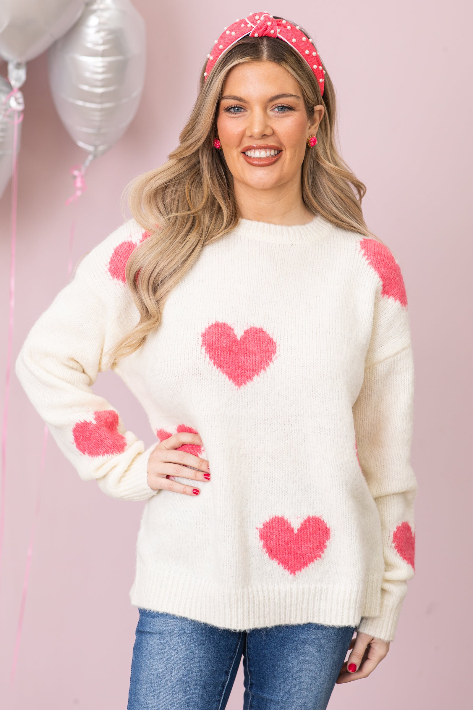 Ivory and Pink Heart Pattern Sweater