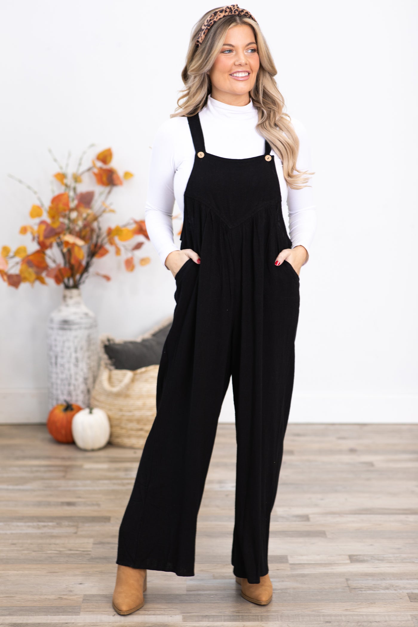Black Wide Leg Overalls With Pleats