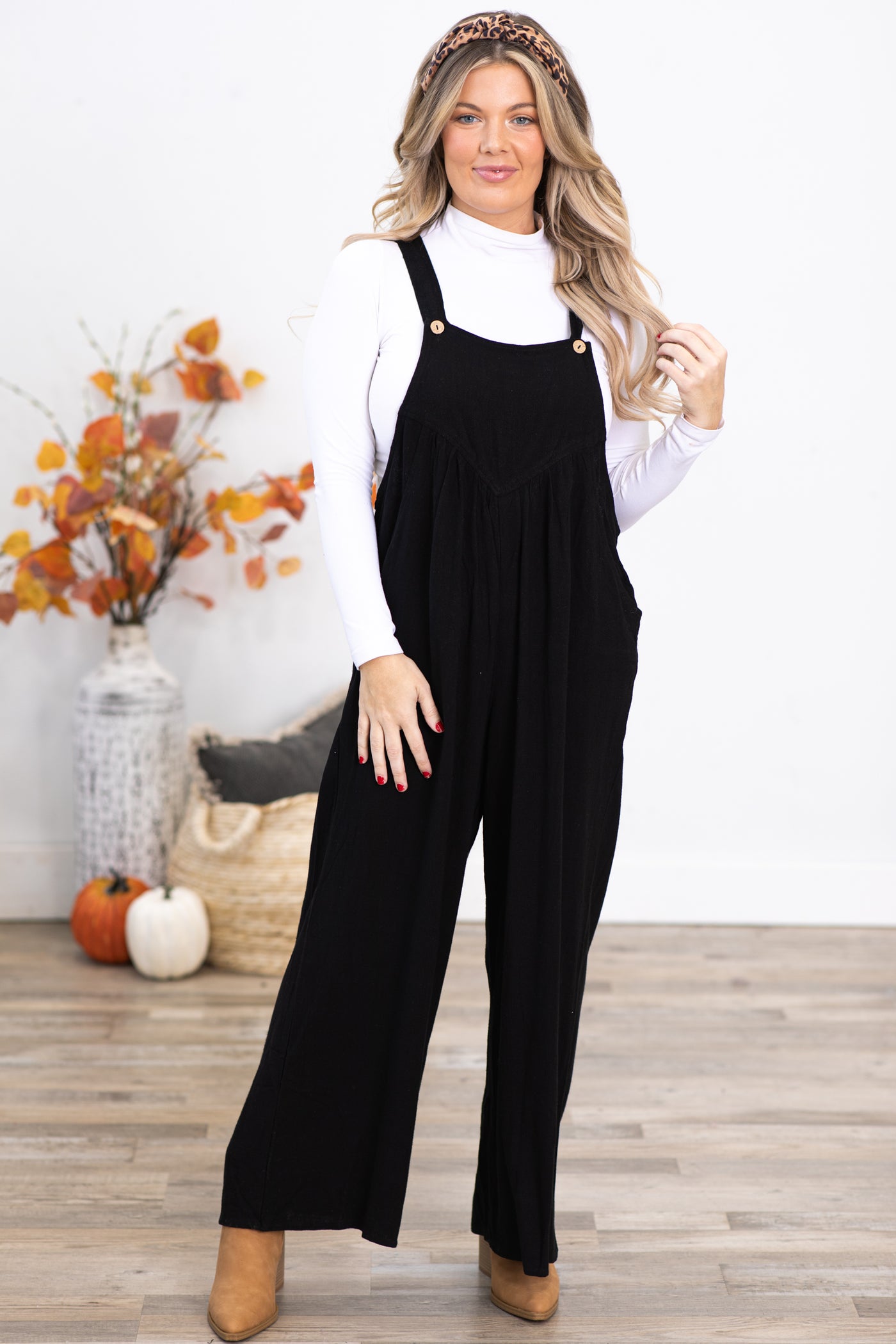 Black Wide Leg Overalls With Pleats