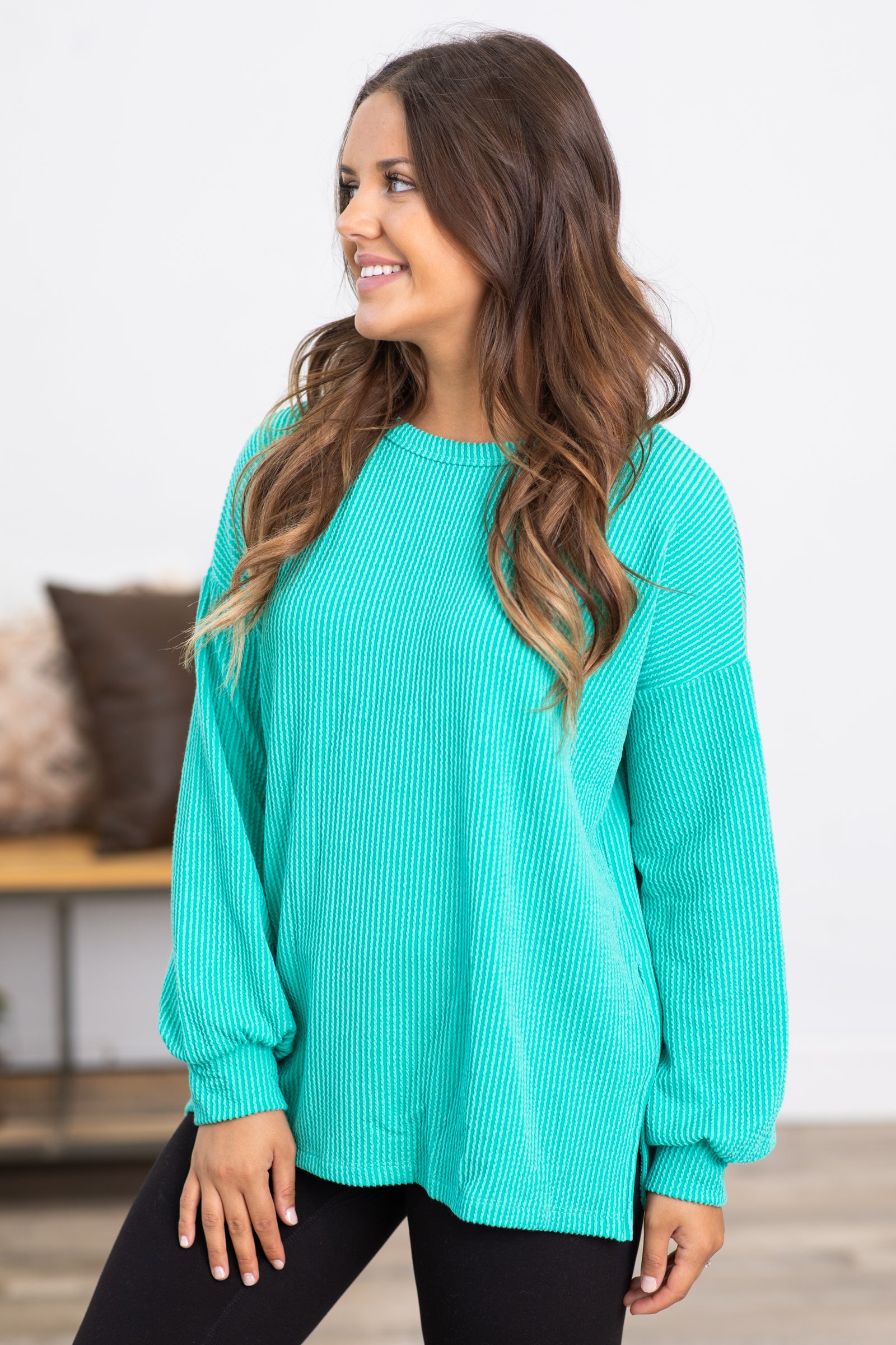 Turquoise Ribbed Top With Side Slits