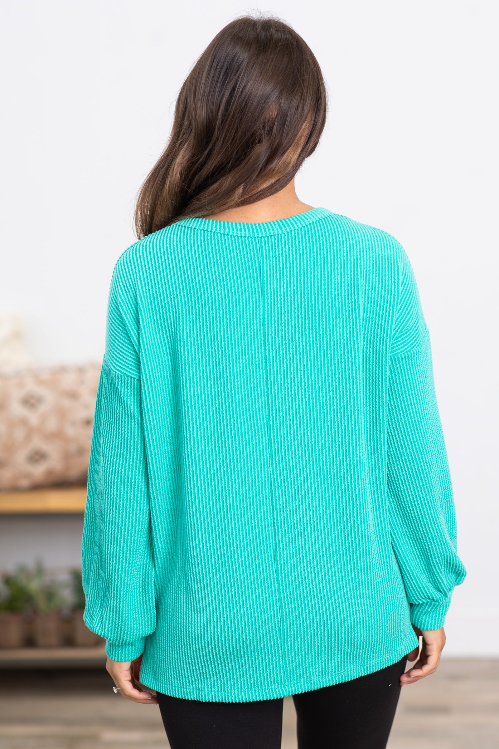 Turquoise Ribbed Top With Side Slits