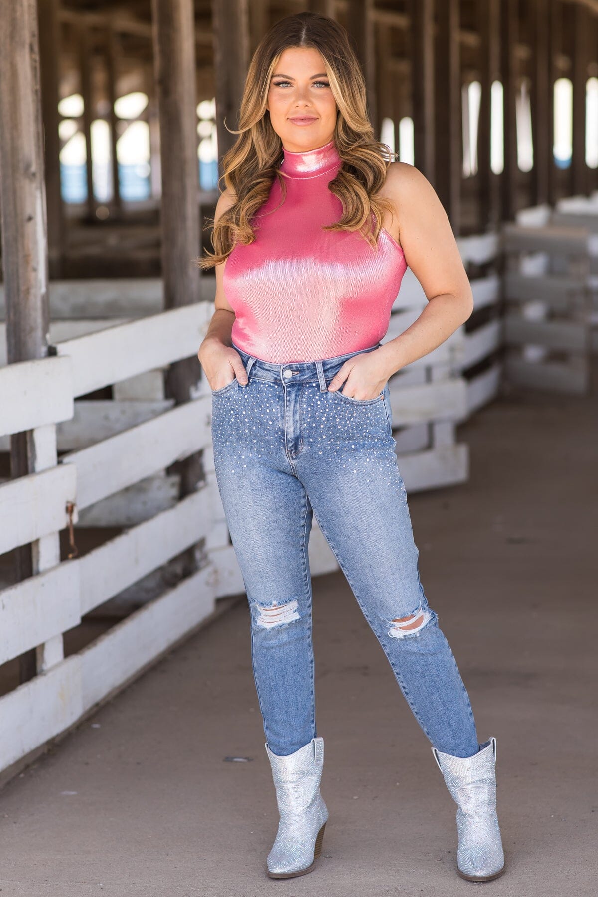 Hot Pink Metallic Mock Neck Bodysuit S