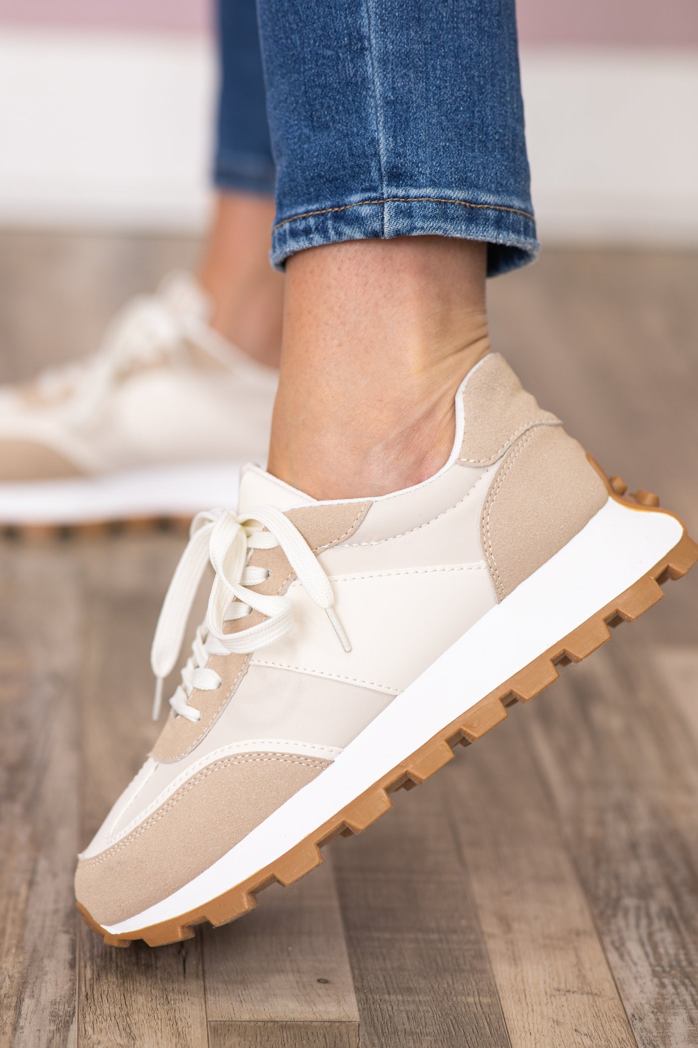 Beige With Tan Platform Sole Sneaker