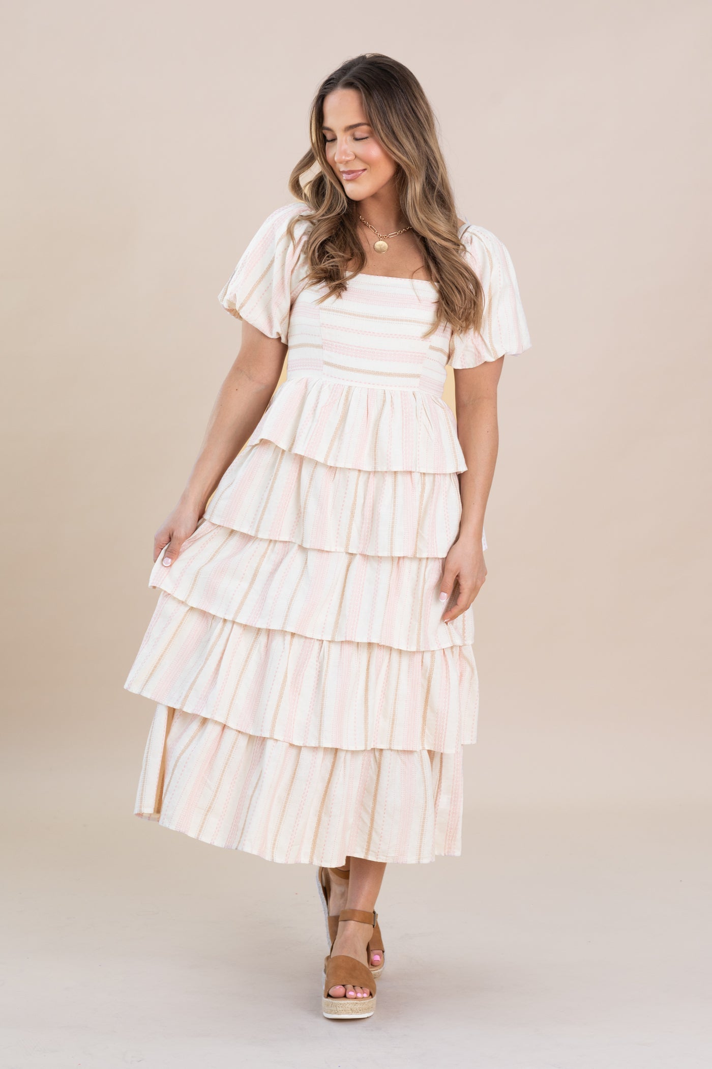 Baby Pink Layered Stripe Midi Flare Dress - S Baby Pink Layered Stripe Midi Flare Dress - S