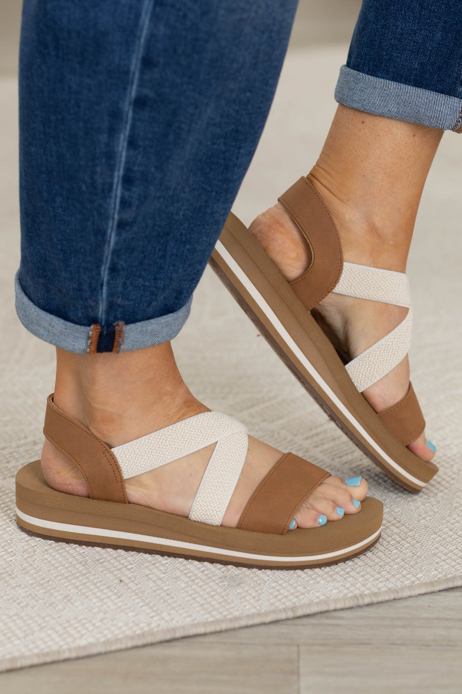 Tan Cross Straps Footbed Contoured Sandal