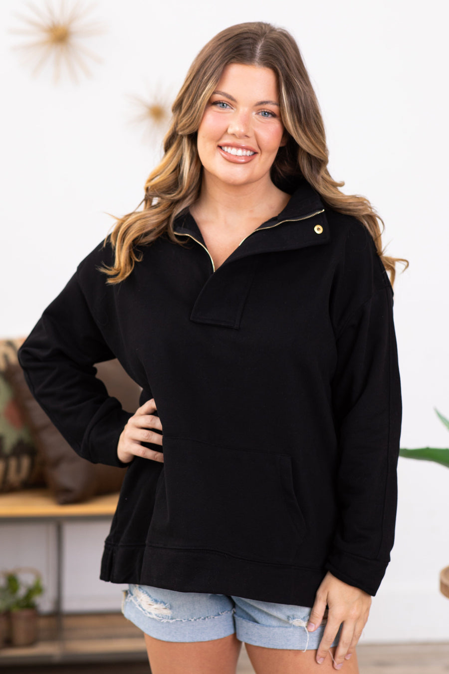 Black 1/4 Snap Pullover With Kangaroo Pocket - Filly Flair