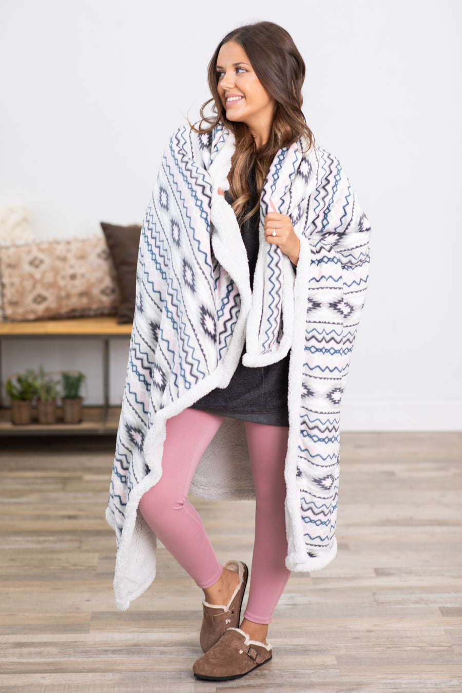 Grey and Off White Aztec Sherpa Back Blanket