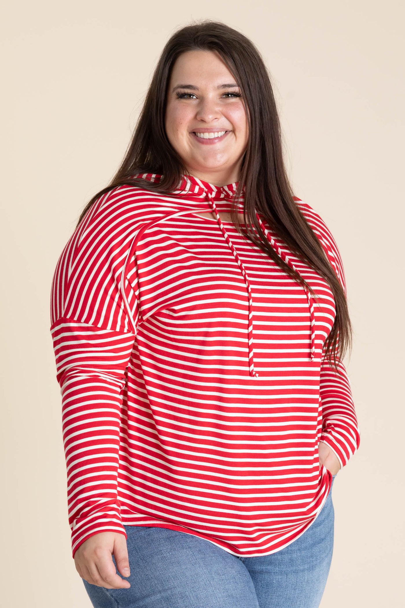 Striped Keyhole Knit Hoodie Tops