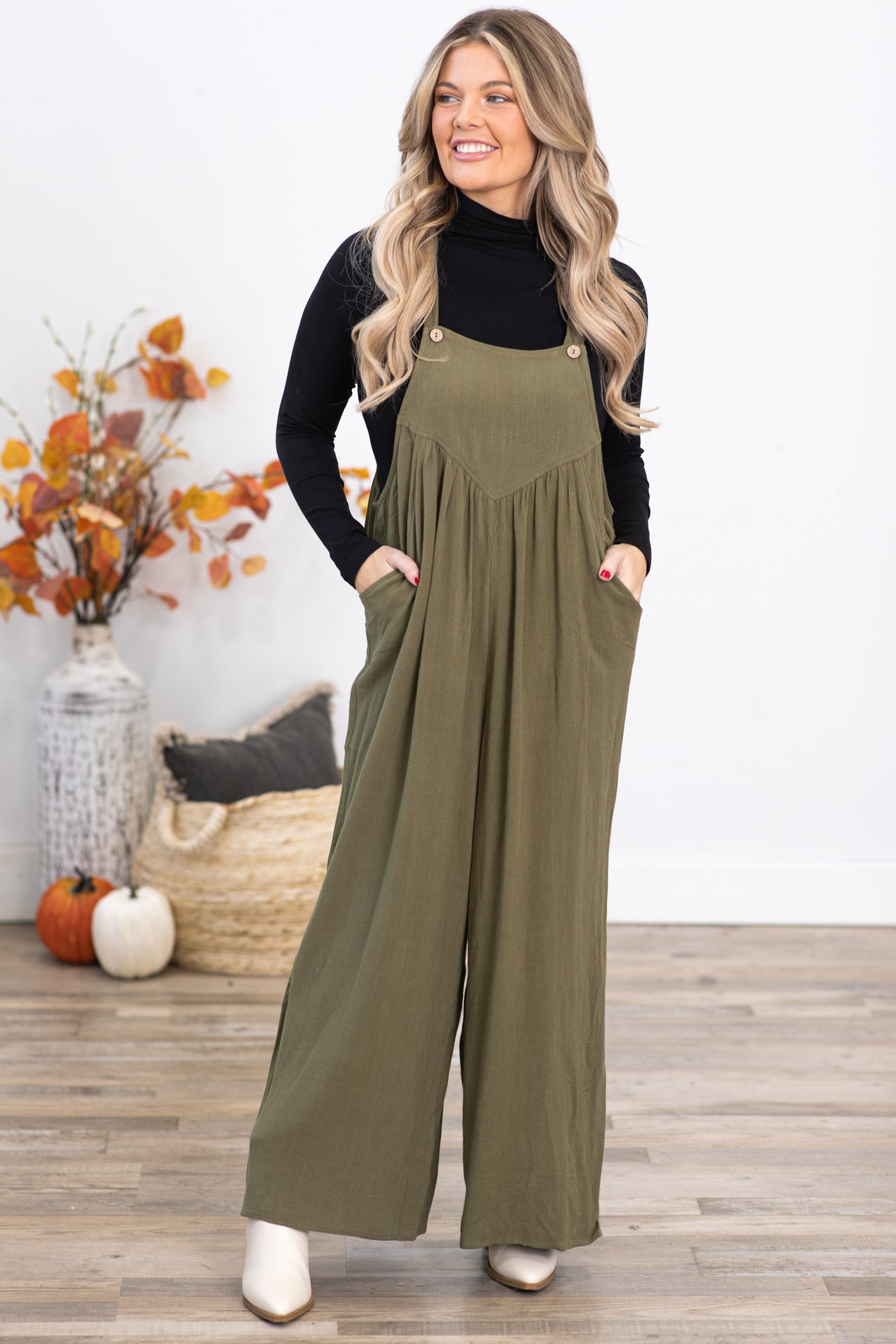 Olive Wide Leg Overalls With Pleats