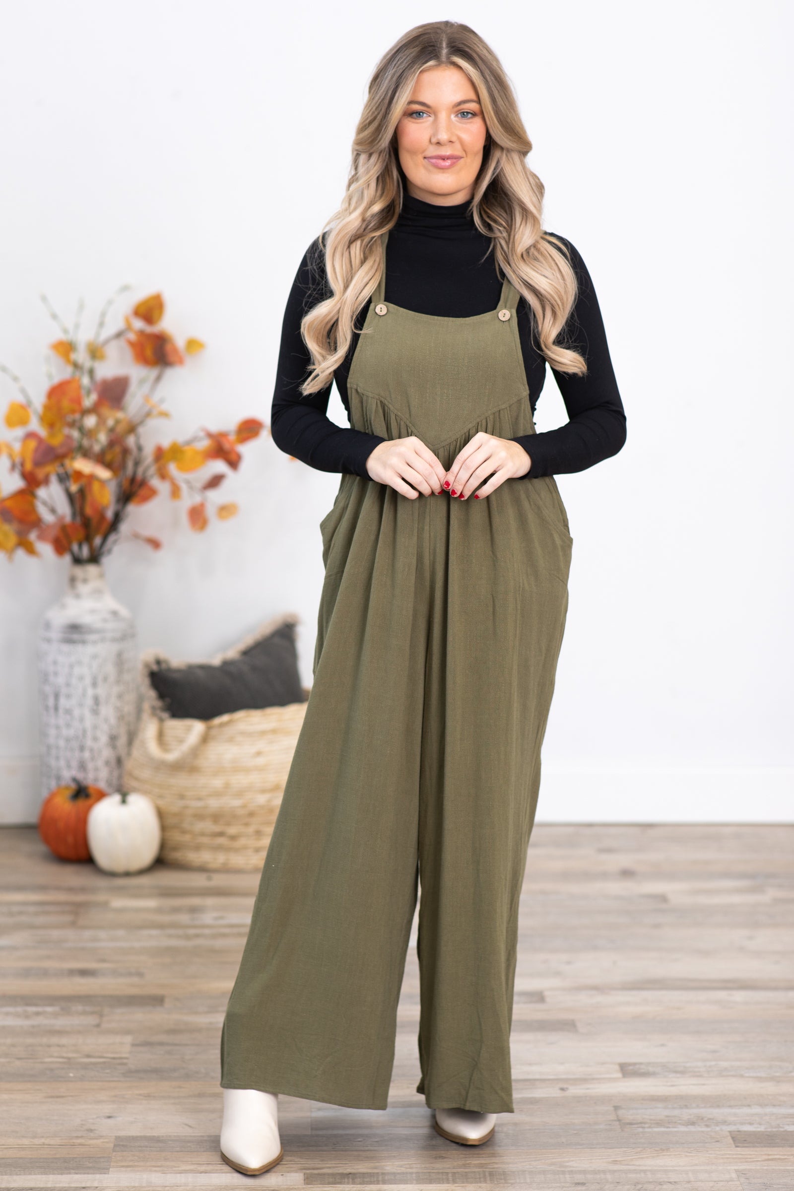Olive Wide Leg Overalls With Pleats