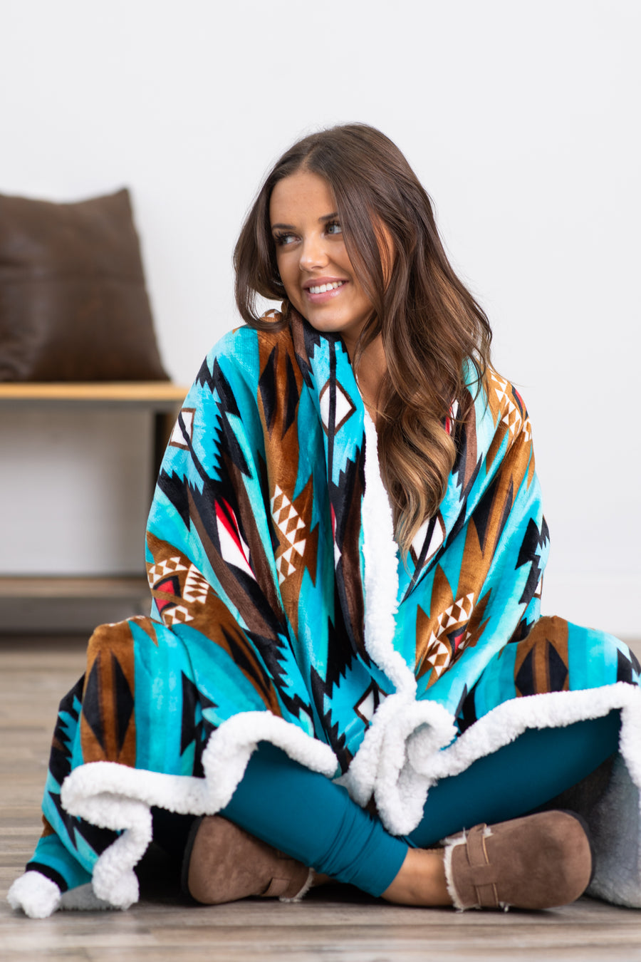 Turquoise and Brown Aztec Sherpa Back Blanket