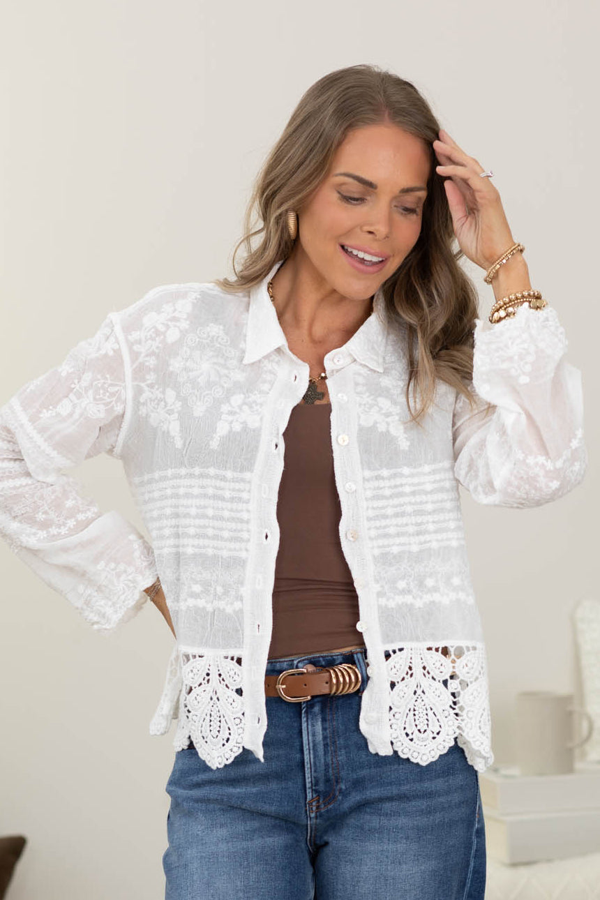 White Long Sleeves Crochet Detail Shirt- 100% Cotton