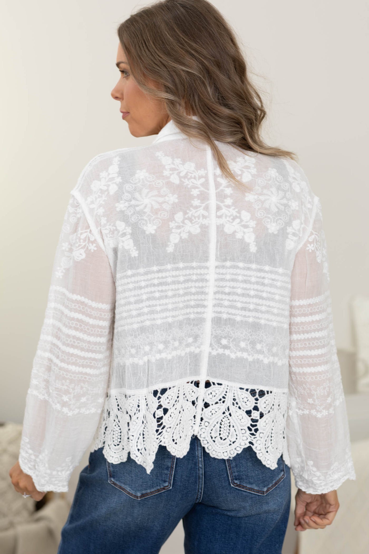 White Long Sleeves Crochet Detail Shirt- 100% Cotton
