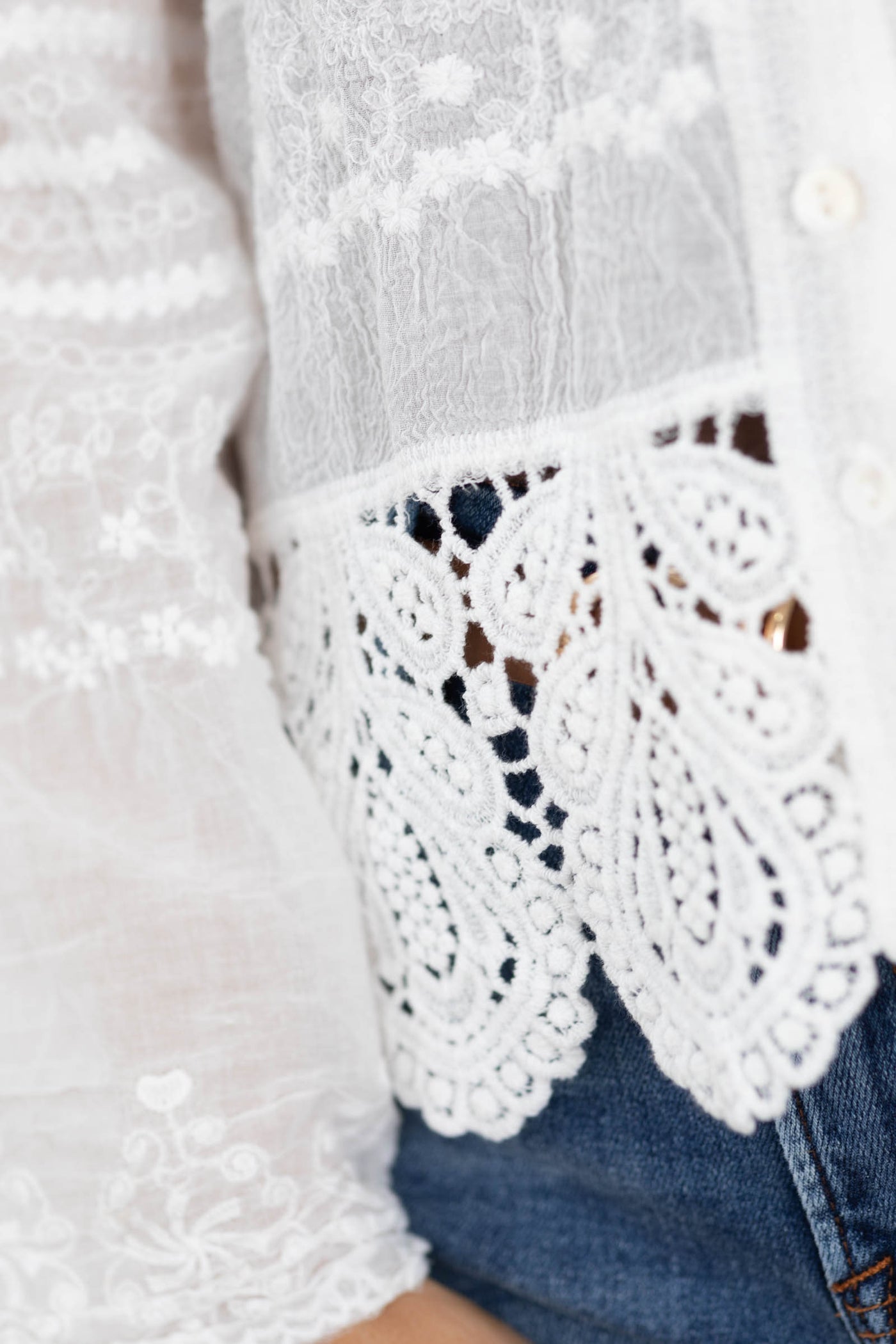 White Long Sleeves Crochet Detail Shirt- 100% Cotton