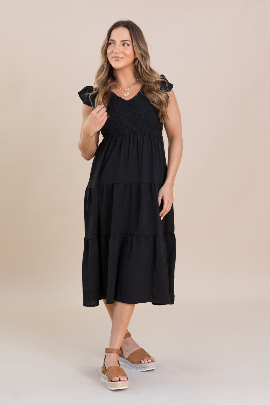 Black Flutter Sleeve Midi Dress