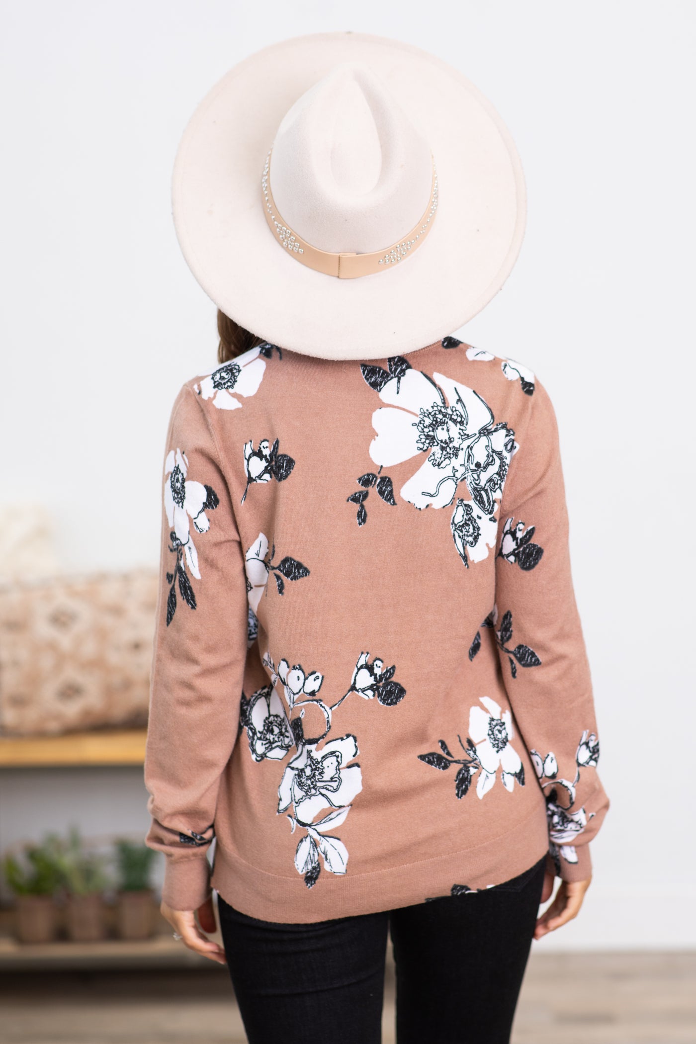 Mocha and Off White Floral Print Sweater
