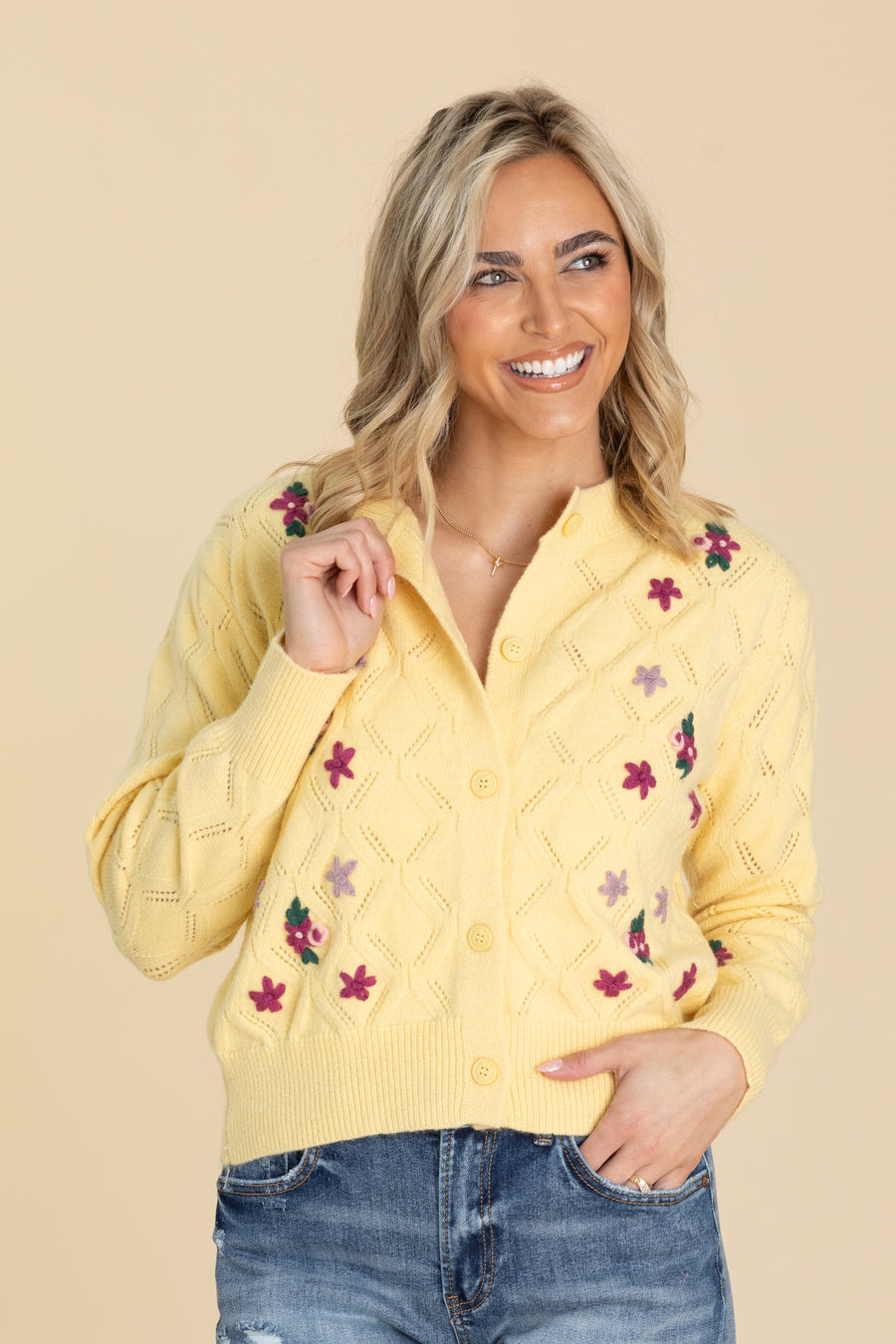 Light Yellow Embroidered Floral Knit Cardigan