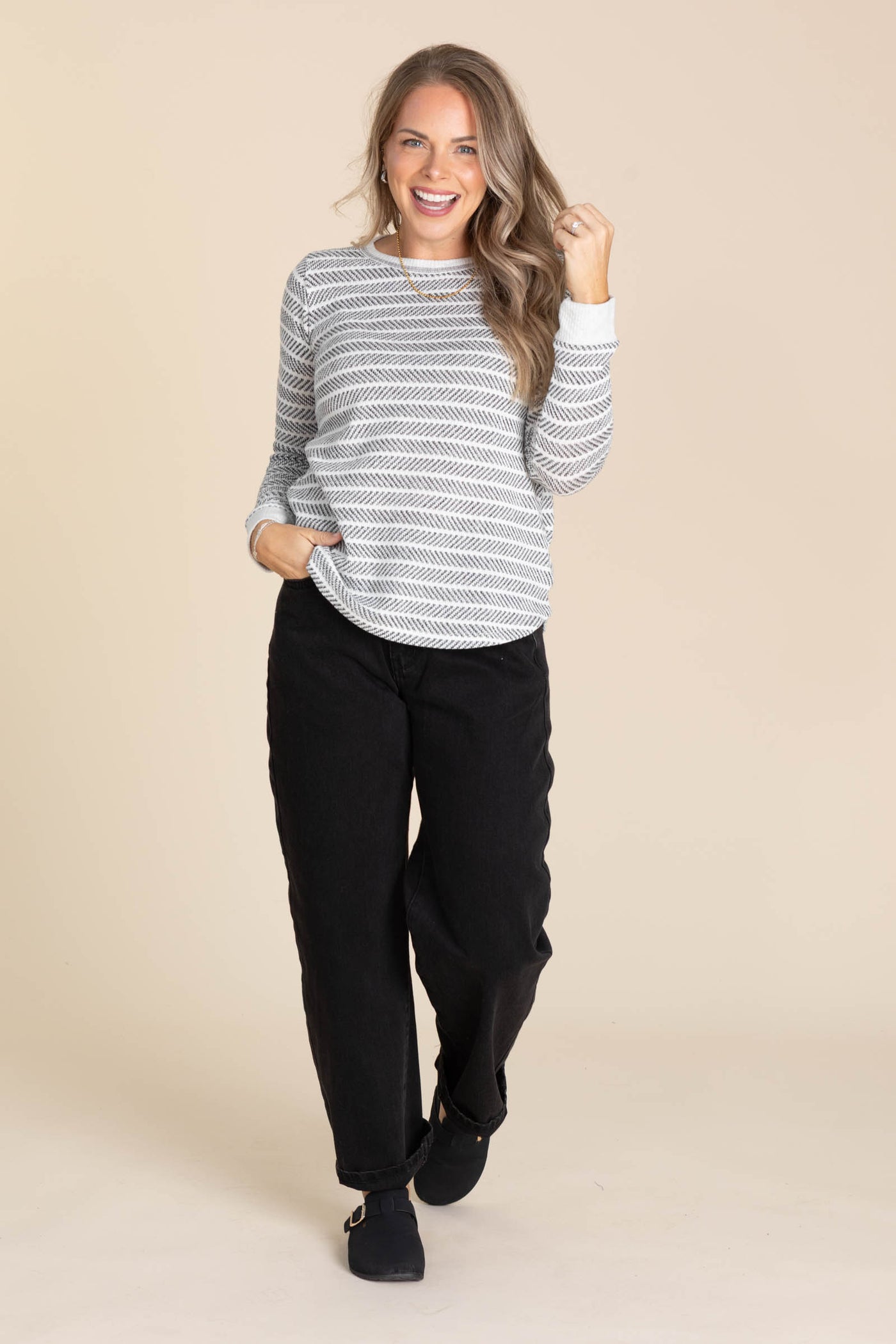 Light Grey Stripe Textured Long Sleeve Knit Top
