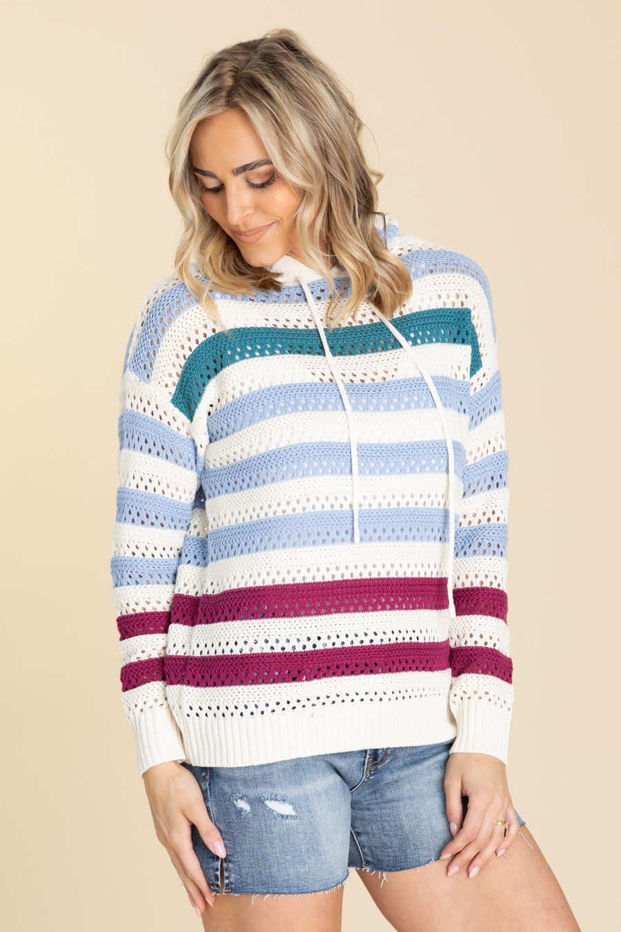 Blue Multicolor Stripe Crochet Hoodie Knit Top