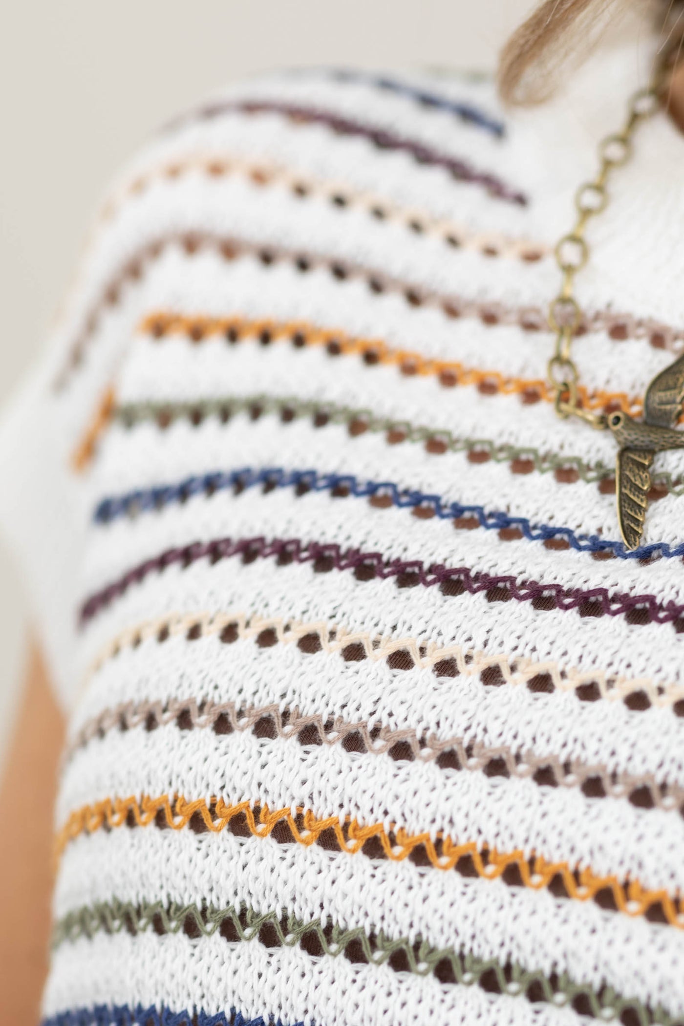 Multicolored Crochet Striped Short Sleeve Sweater