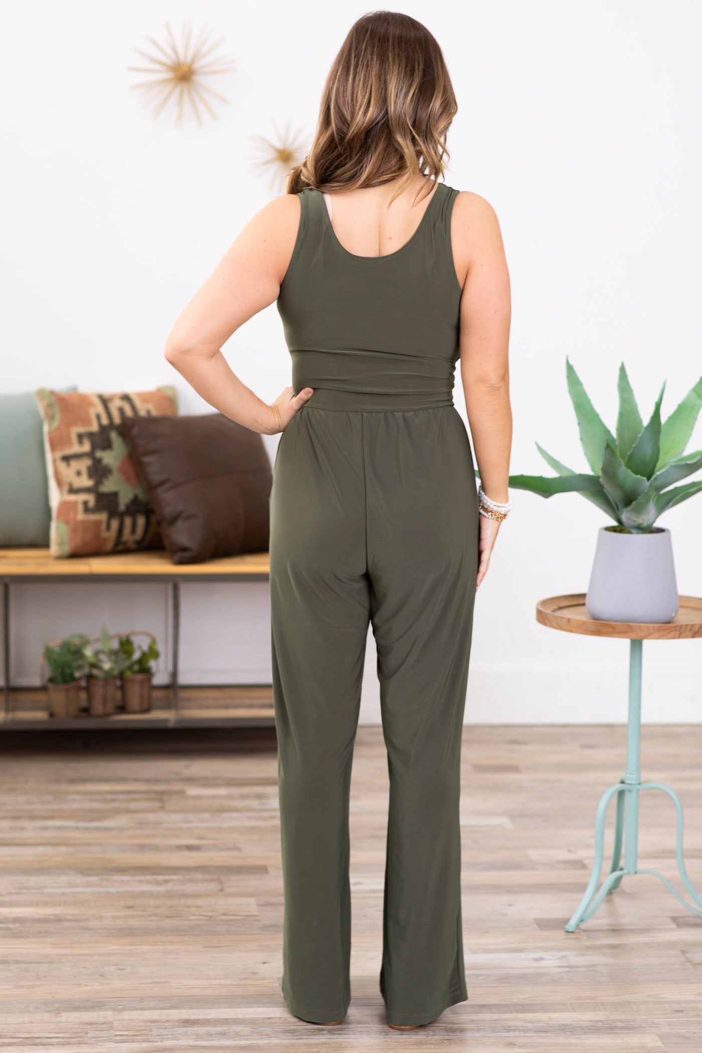 Olive Surplice Front Sleeveless Jumpsuit - Filly Flair