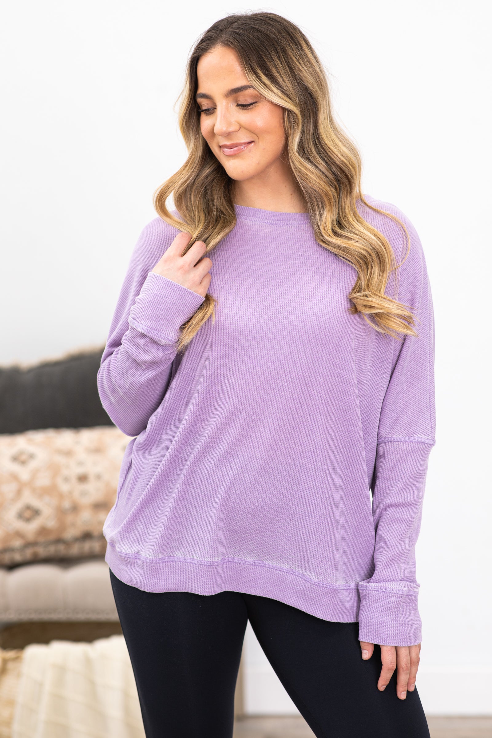 Lavender Boat Neck Waffle Ribbed Knit Top