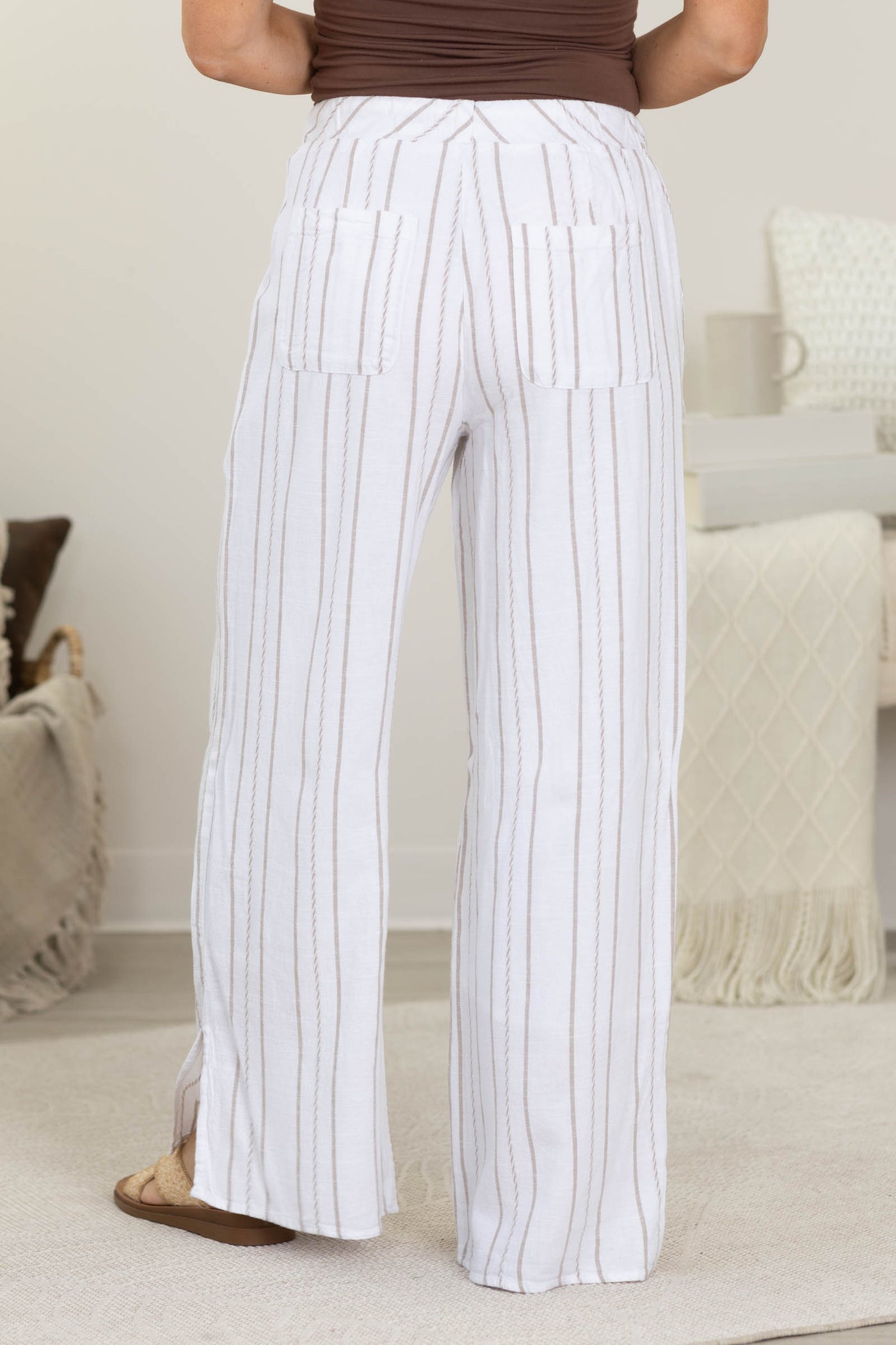 Ivory With Taupe Stripes Elastic Waist Pant